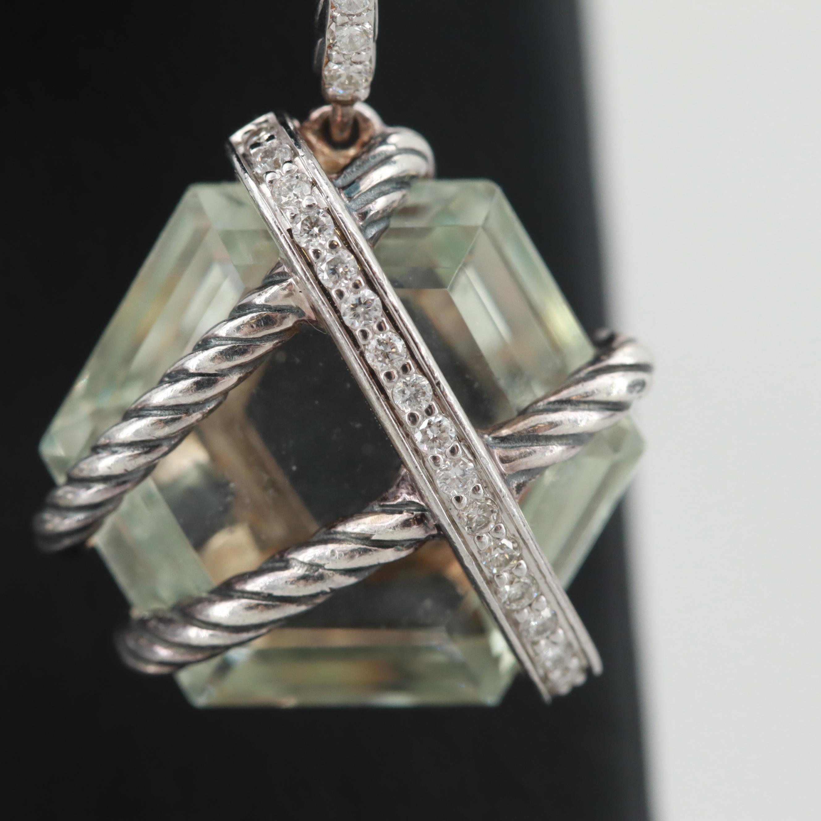 David Yurman Sterling Silver Praseolite "Cable Wrap" Dangle Earrings