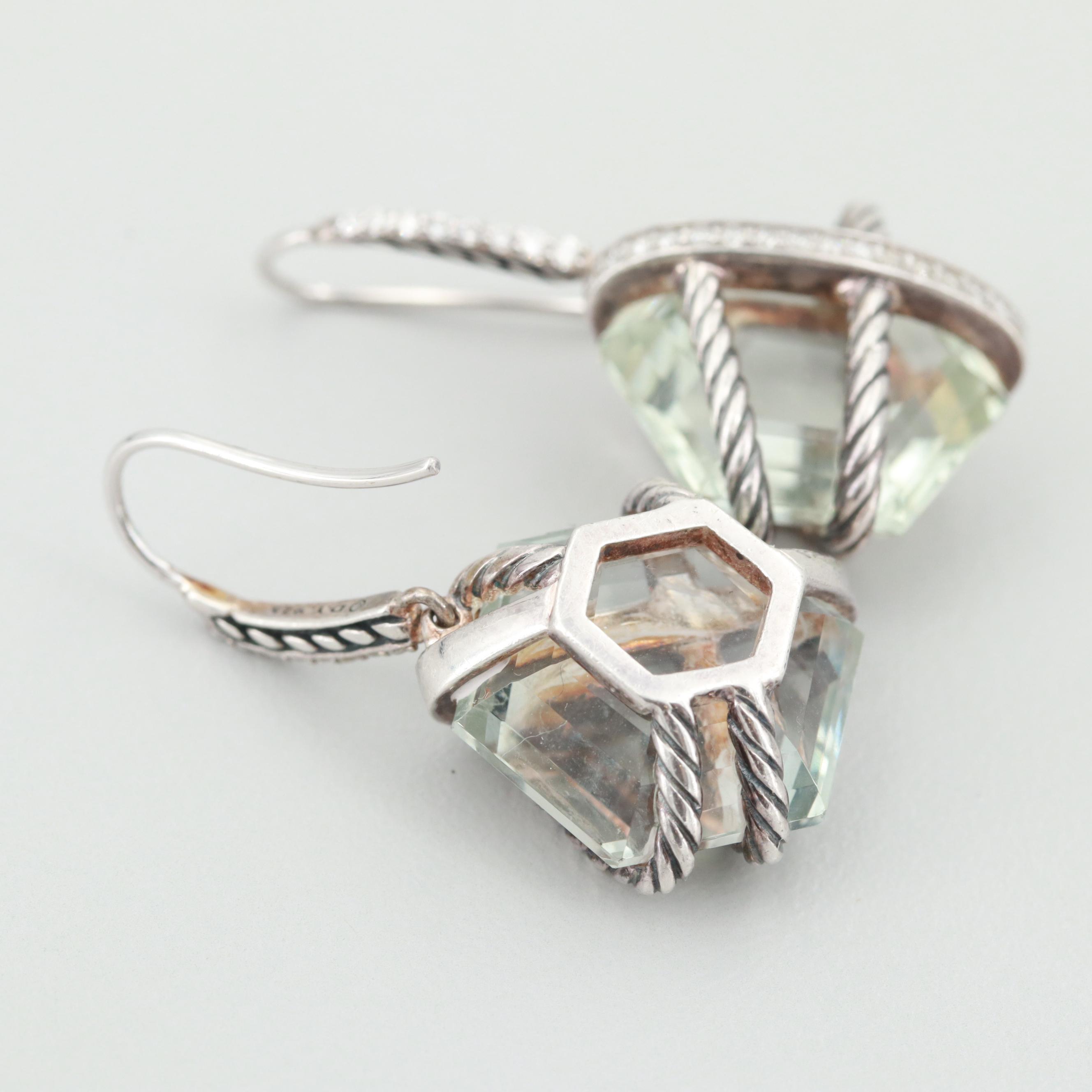 David Yurman Sterling Silver Praseolite "Cable Wrap" Dangle Earrings