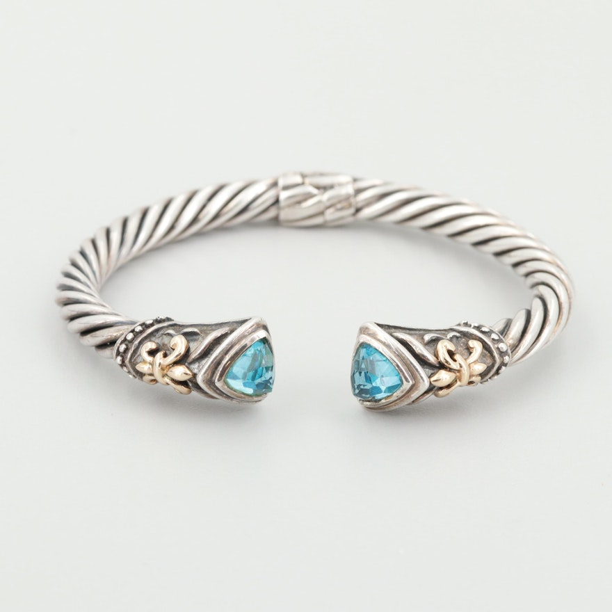 Sterling Silver Blue Topaz Cable Cuff Bracelet with 14K Yellow Gold Accents