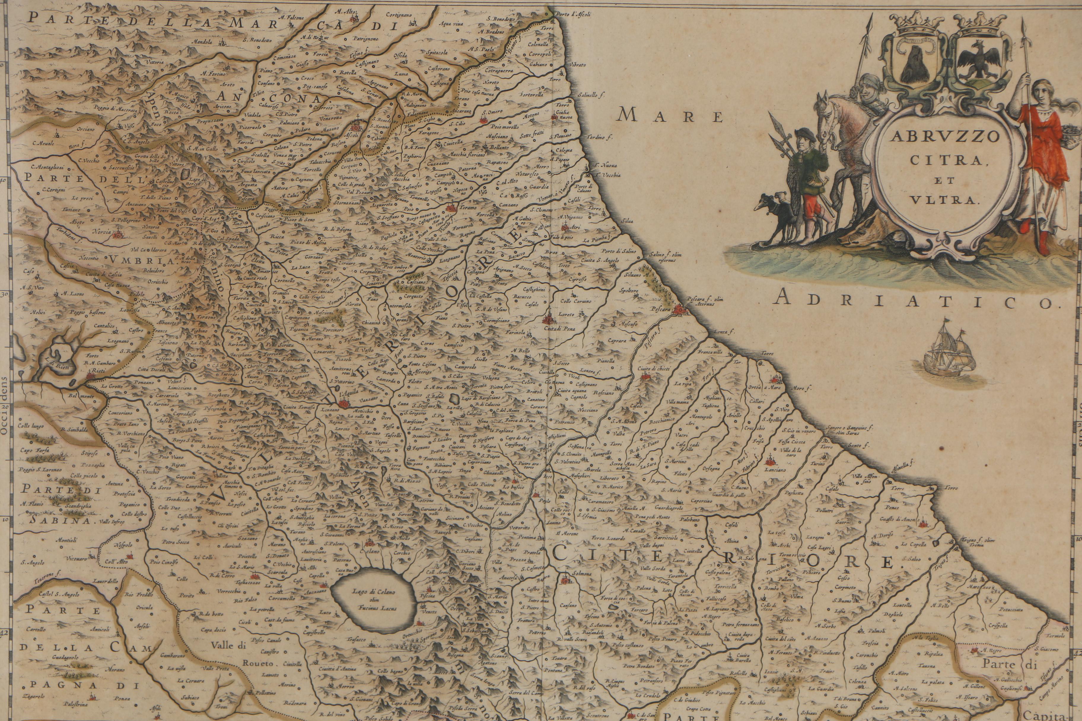 Jan Janssonius Engraved Map with Text  "Abruzzo Citra, et Ultra", circa 1650