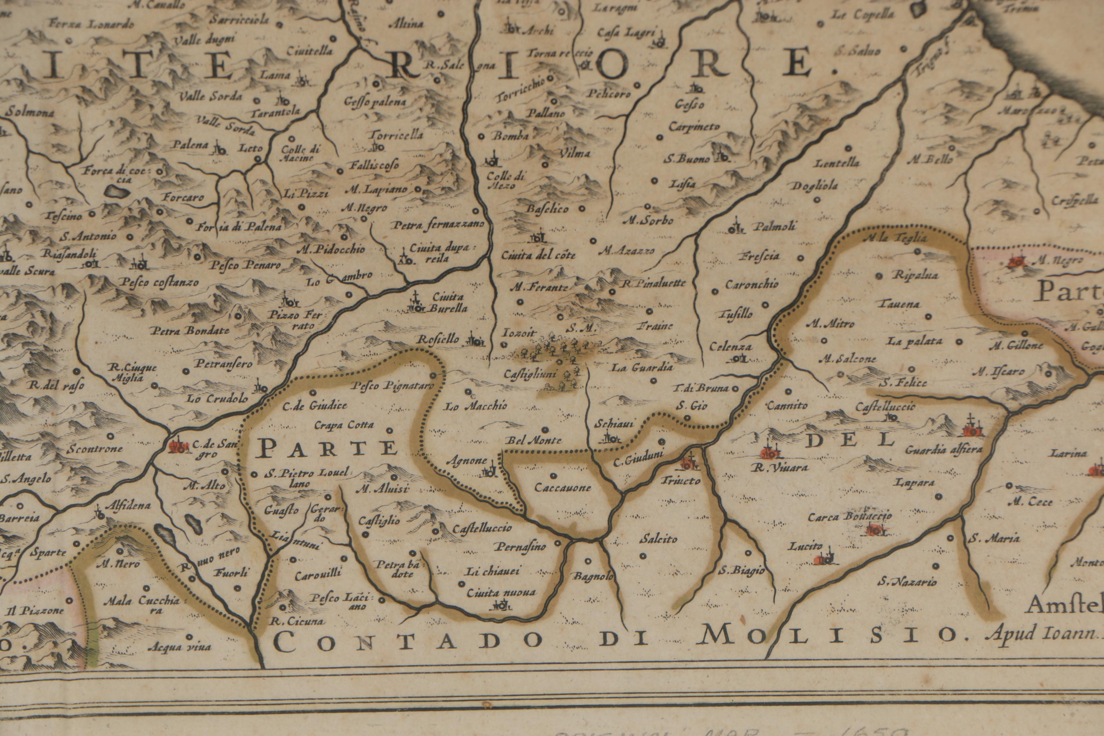 Jan Janssonius Engraved Map with Text  "Abruzzo Citra, et Ultra", circa 1650