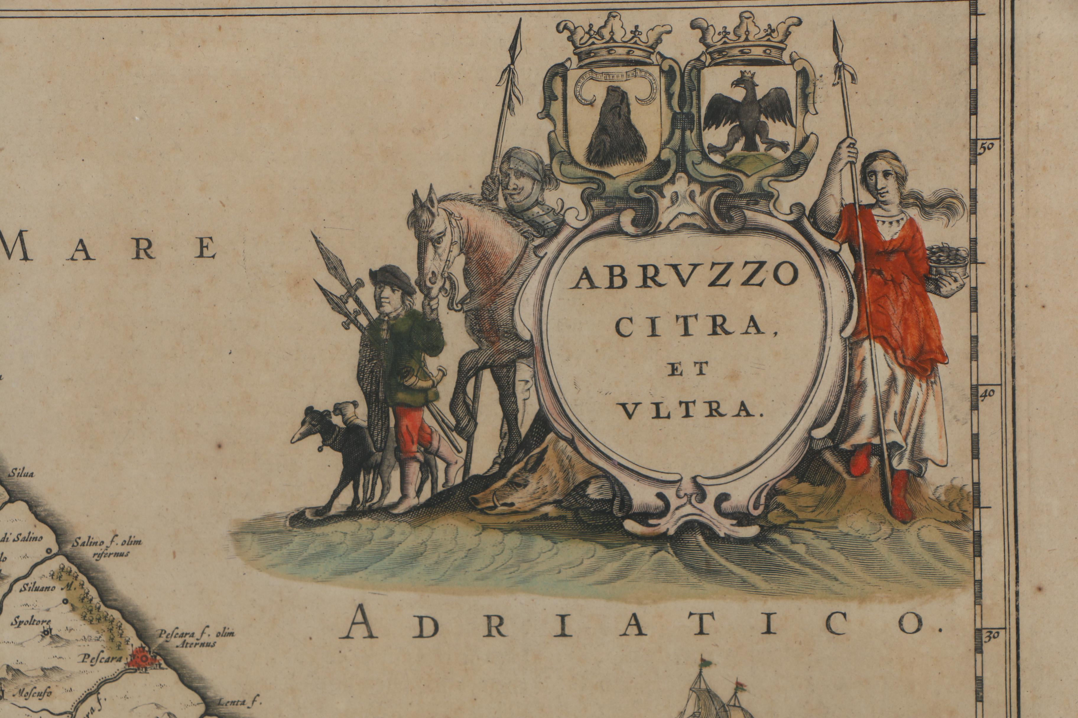 Jan Janssonius Engraved Map with Text  "Abruzzo Citra, et Ultra", circa 1650