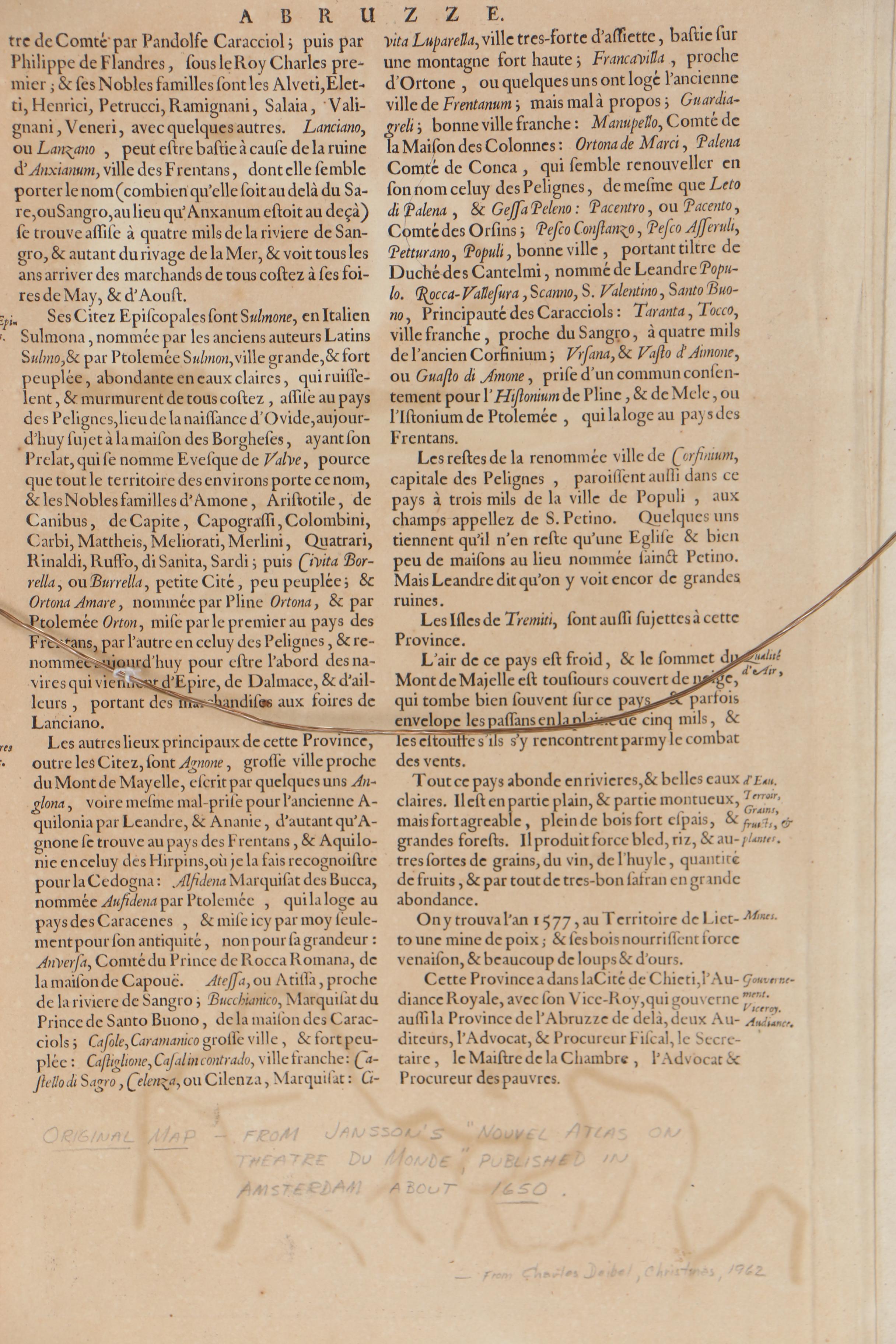 Jan Janssonius Engraved Map with Text  "Abruzzo Citra, et Ultra", circa 1650