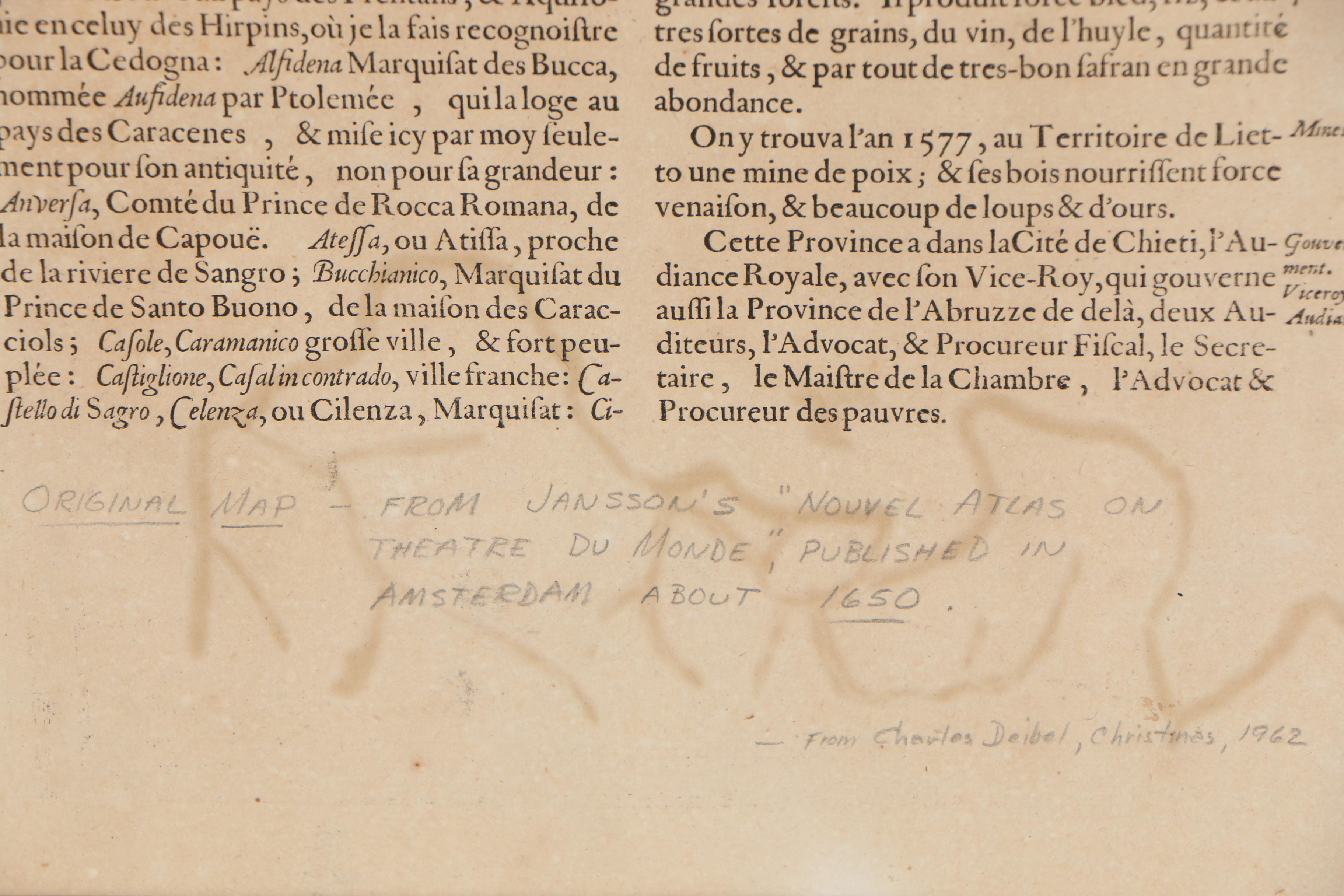 Jan Janssonius Engraved Map with Text  "Abruzzo Citra, et Ultra", circa 1650