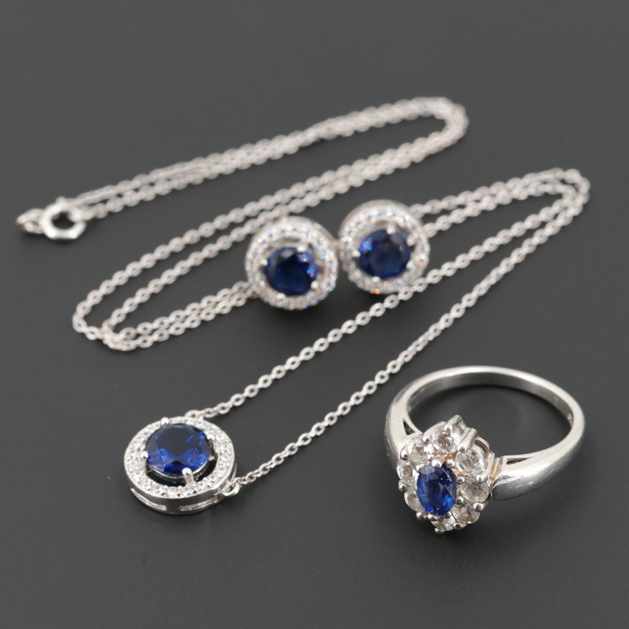 Sterling Synthetic Sapphire and Cubic Zirconia Ring, Necklace and Earrings