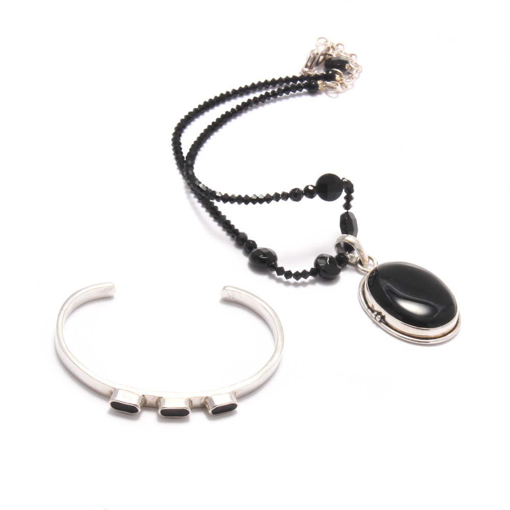 Sterling Silver Onyx Bracelet and Necklace