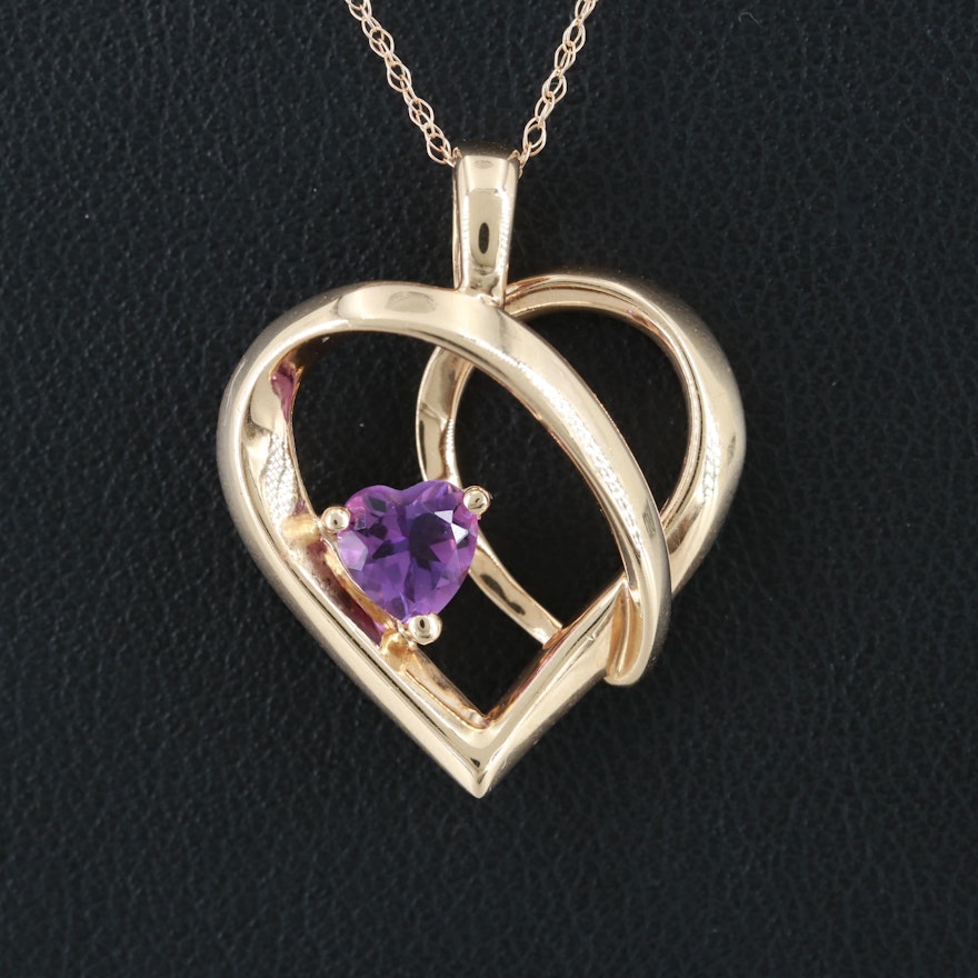 10K Yellow Gold Amethyst Heart Pendant on 14K Chain Necklace