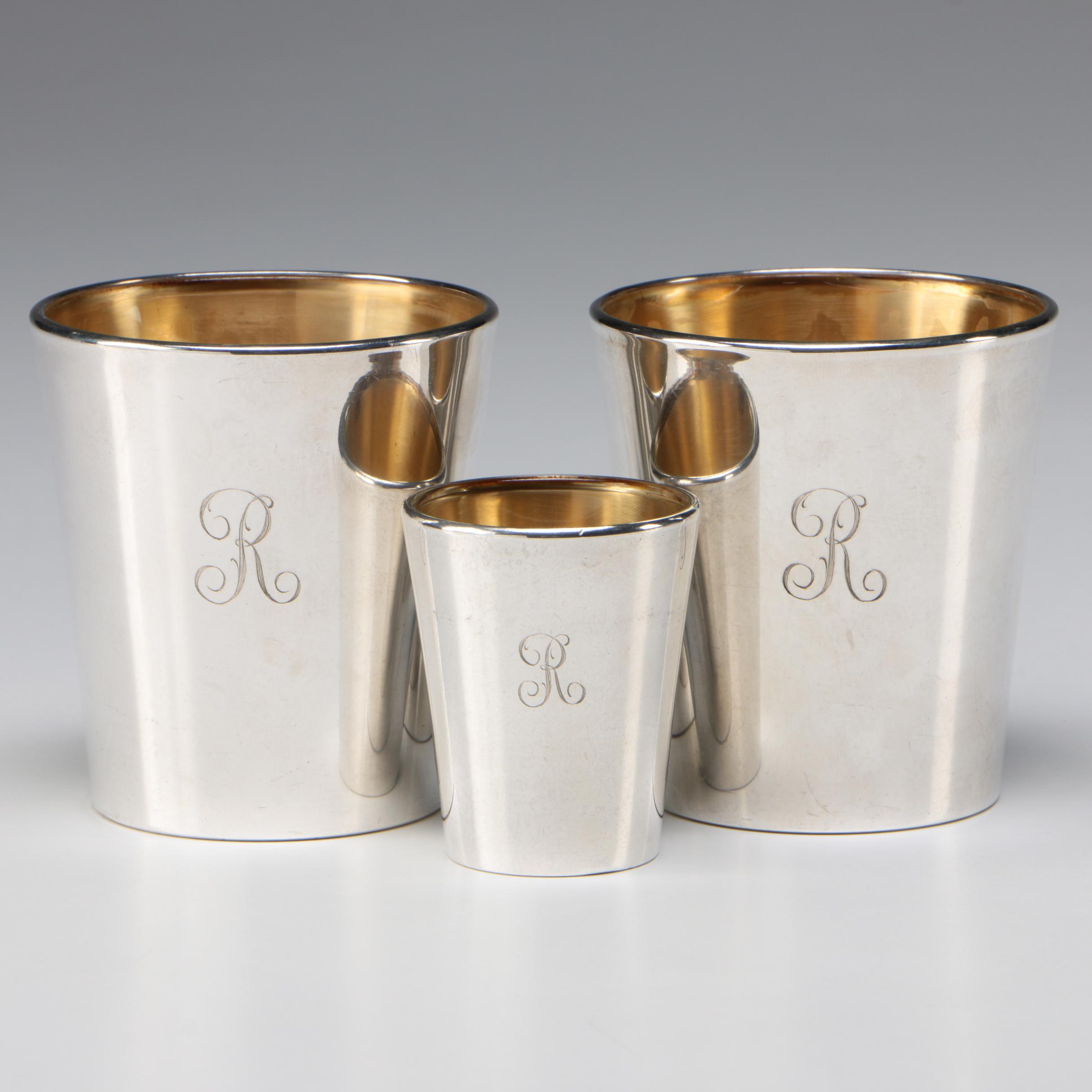 Reed & Barton "Best Man" Sterling Overlaid Glass Tumblers and Jigger, 1950s