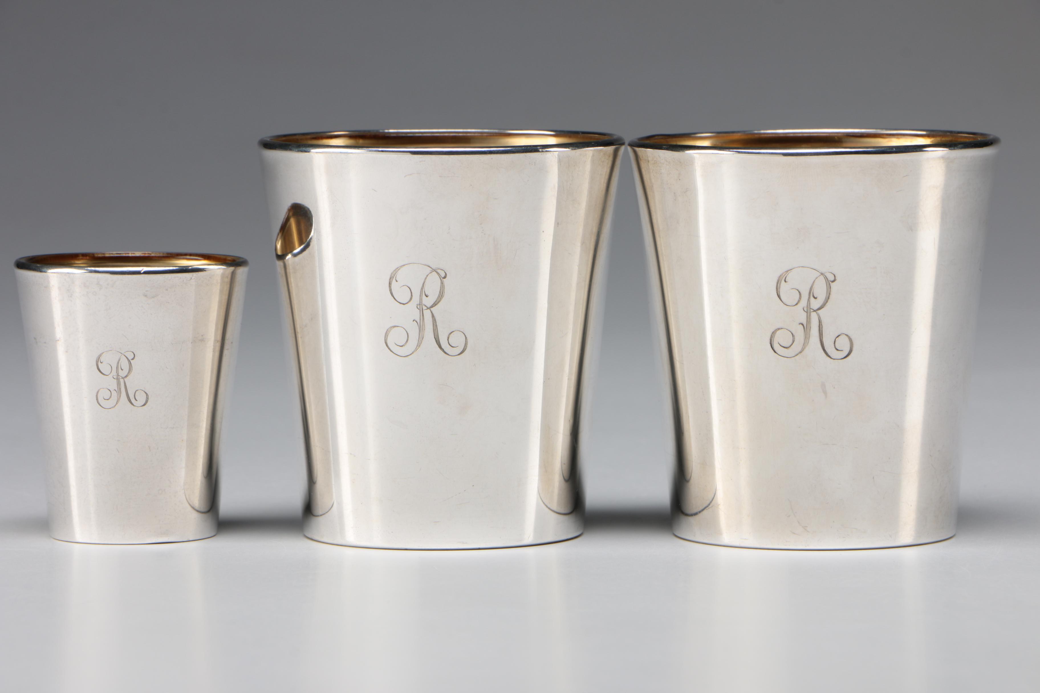 Reed & Barton "Best Man" Sterling Overlaid Glass Tumblers and Jigger, 1950s