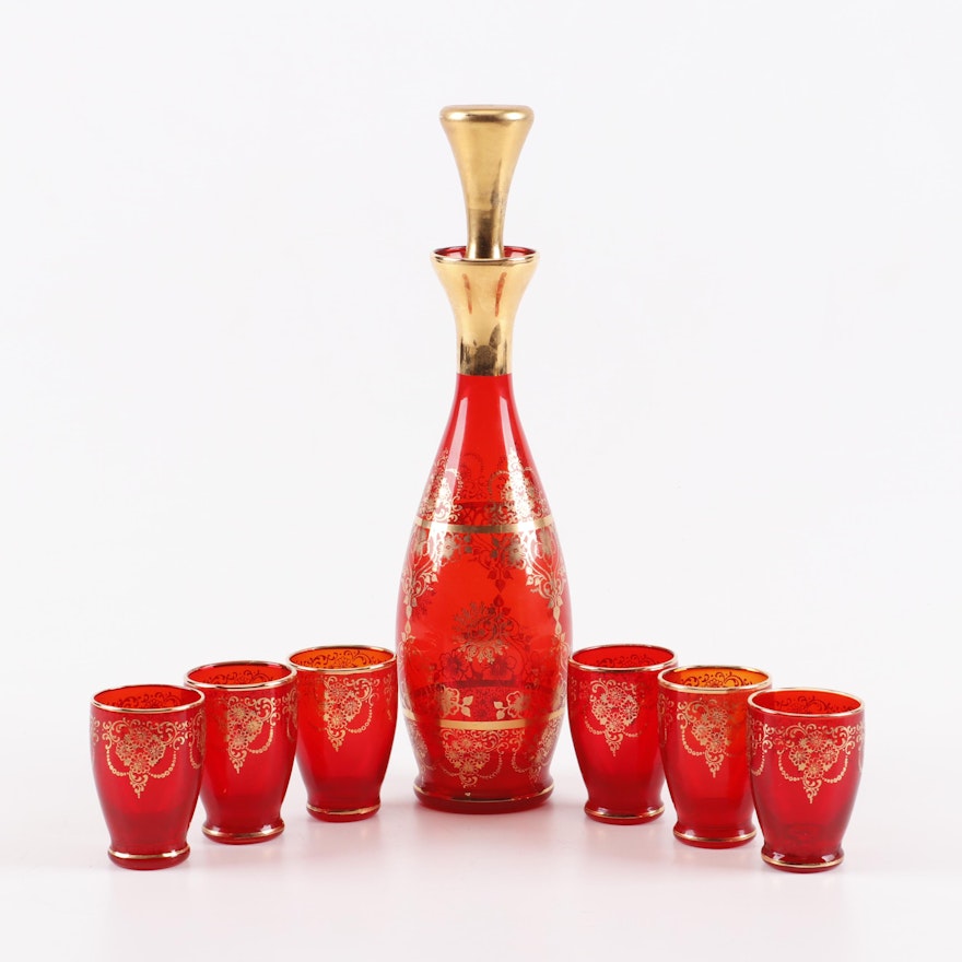 Hand-Blown Bohemian Glass Decanter and Cups