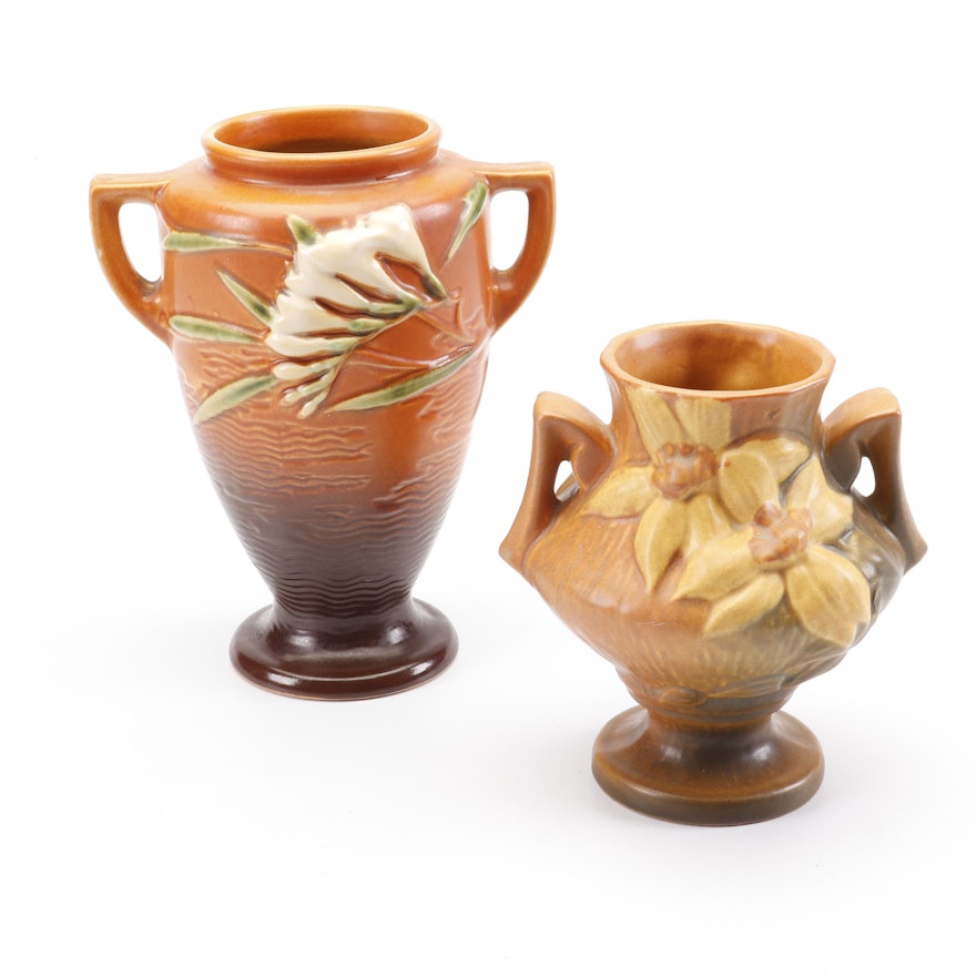 Roseville Pottery "Freesia" and "Clematis" Vases, 1940s