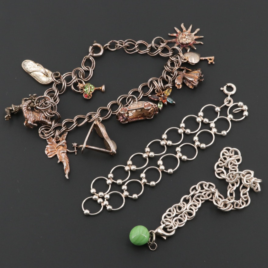 Sterling Jewelry Including Vintage Charm Bracelet with Glass Accents