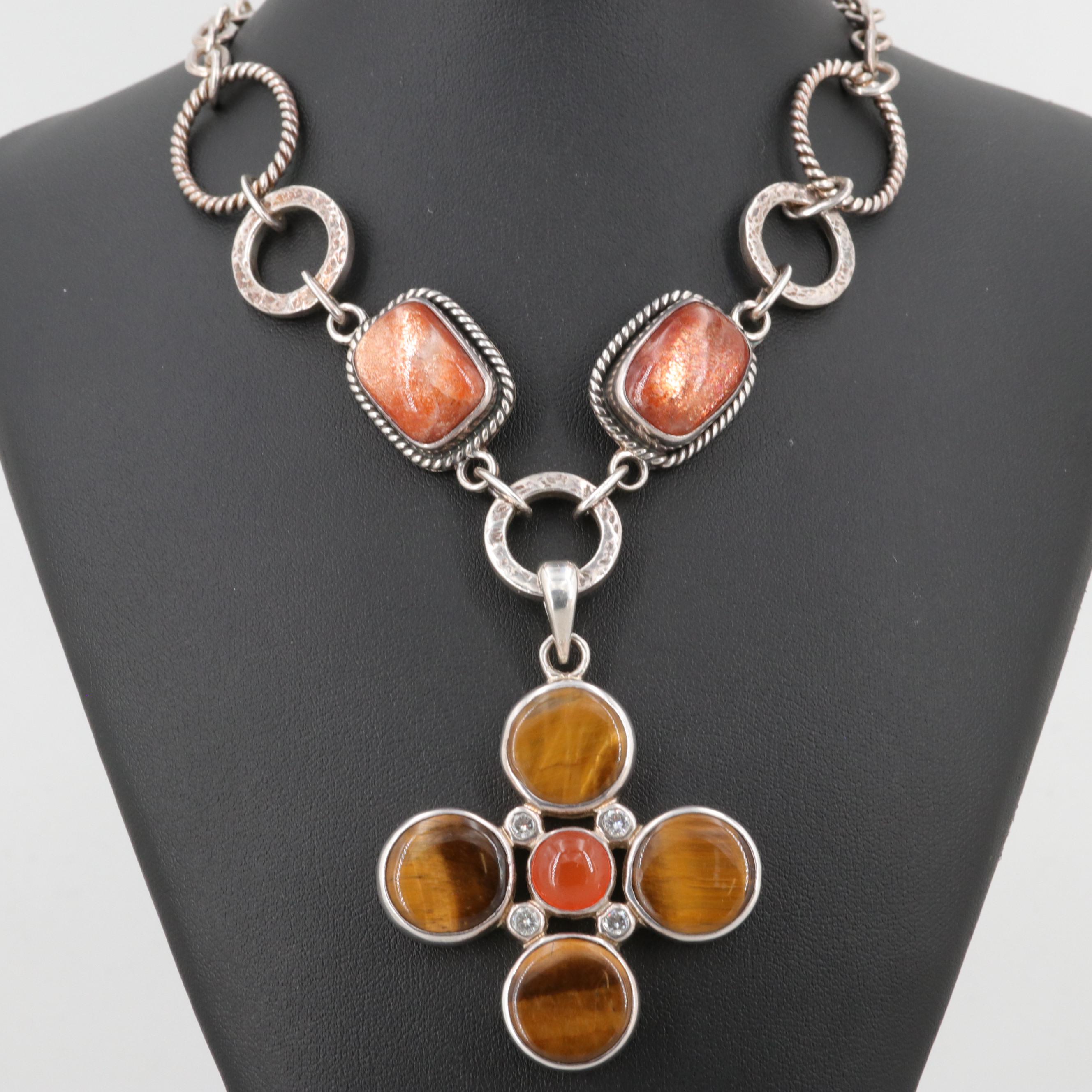 Barry Brinker 950 Silver Tiger's Eye and Oligoclase Sunstone Statement Necklace