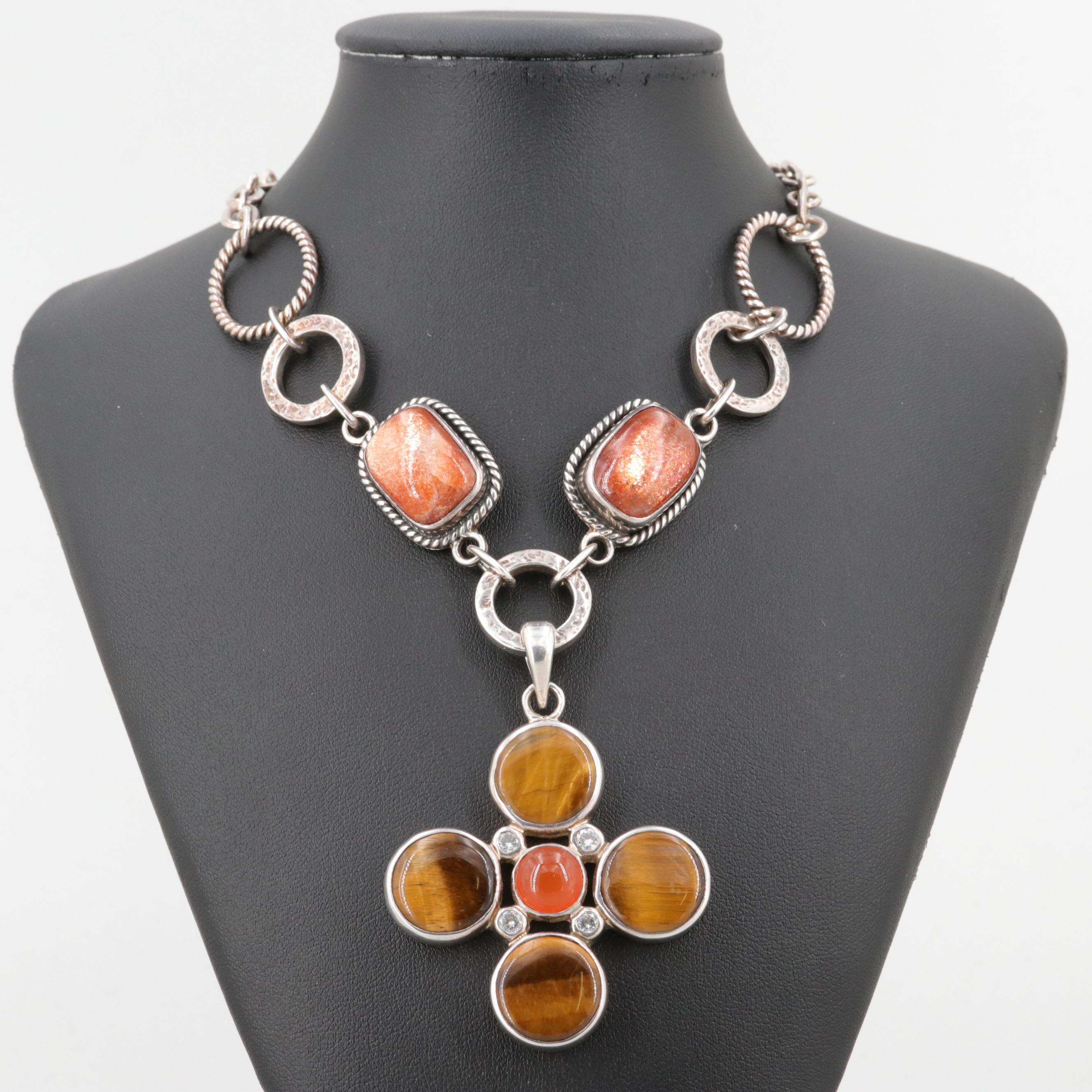 Barry Brinker 950 Silver Tiger's Eye and Oligoclase Sunstone Statement Necklace
