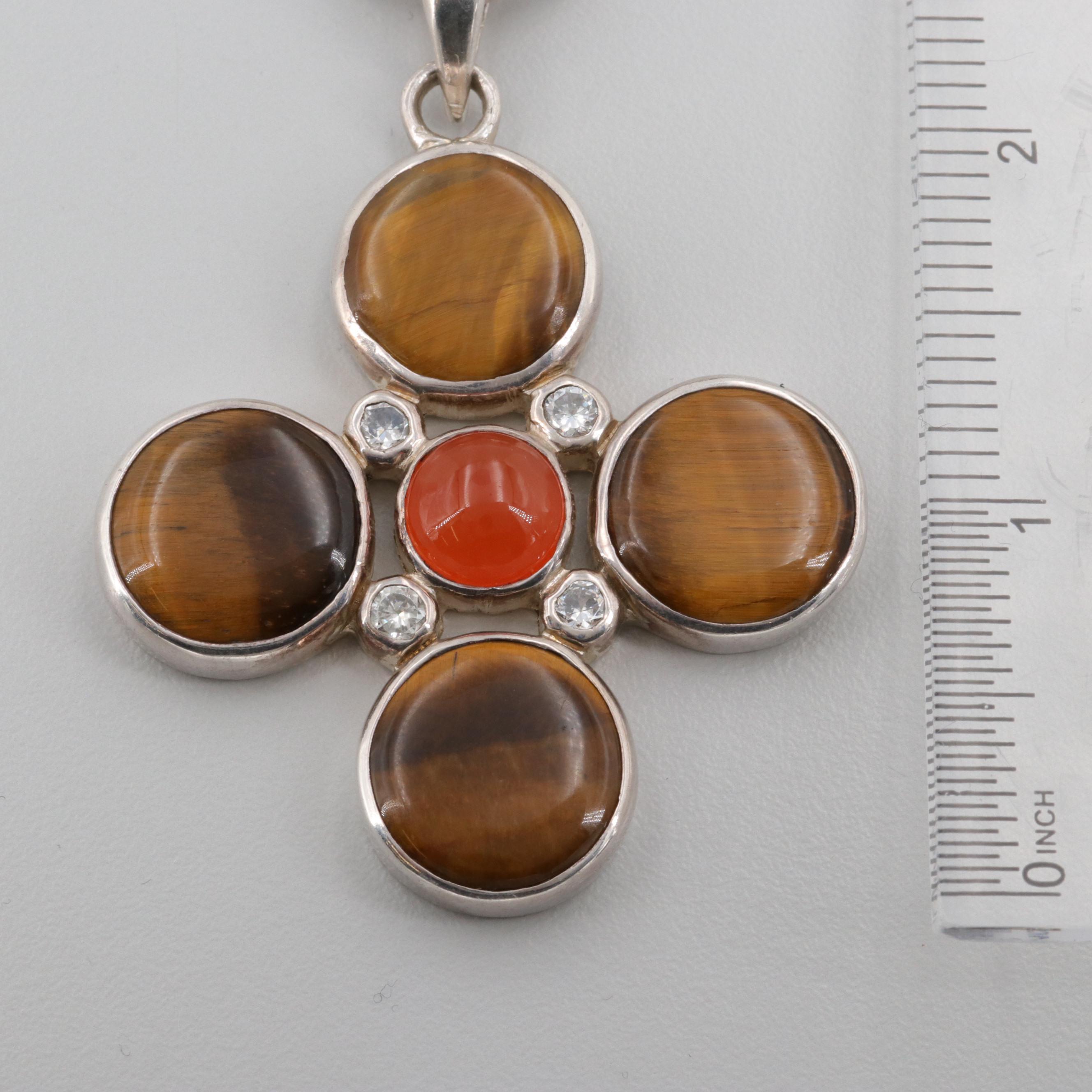 Barry Brinker 950 Silver Tiger's Eye and Oligoclase Sunstone Statement Necklace