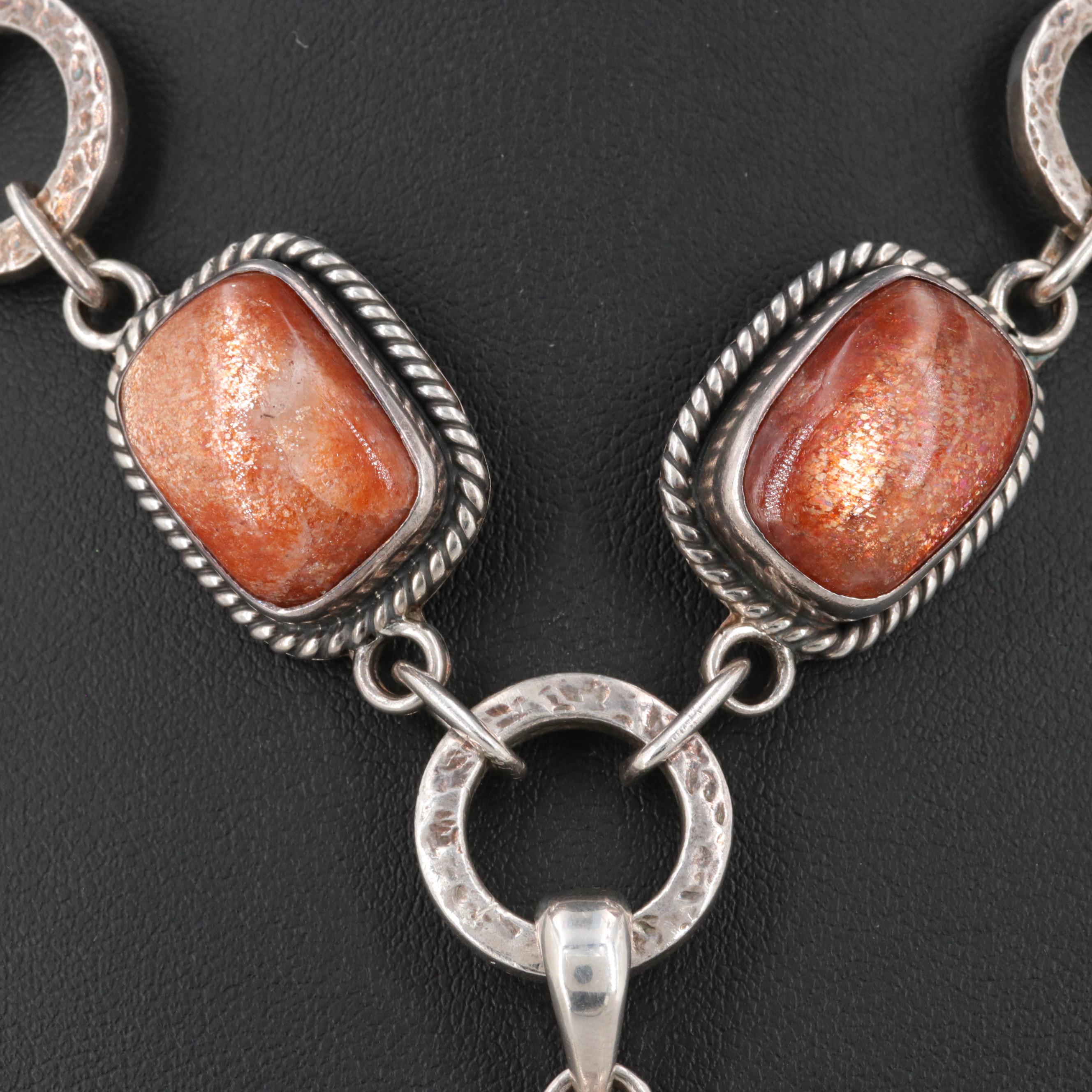 Barry Brinker 950 Silver Tiger's Eye and Oligoclase Sunstone Statement Necklace
