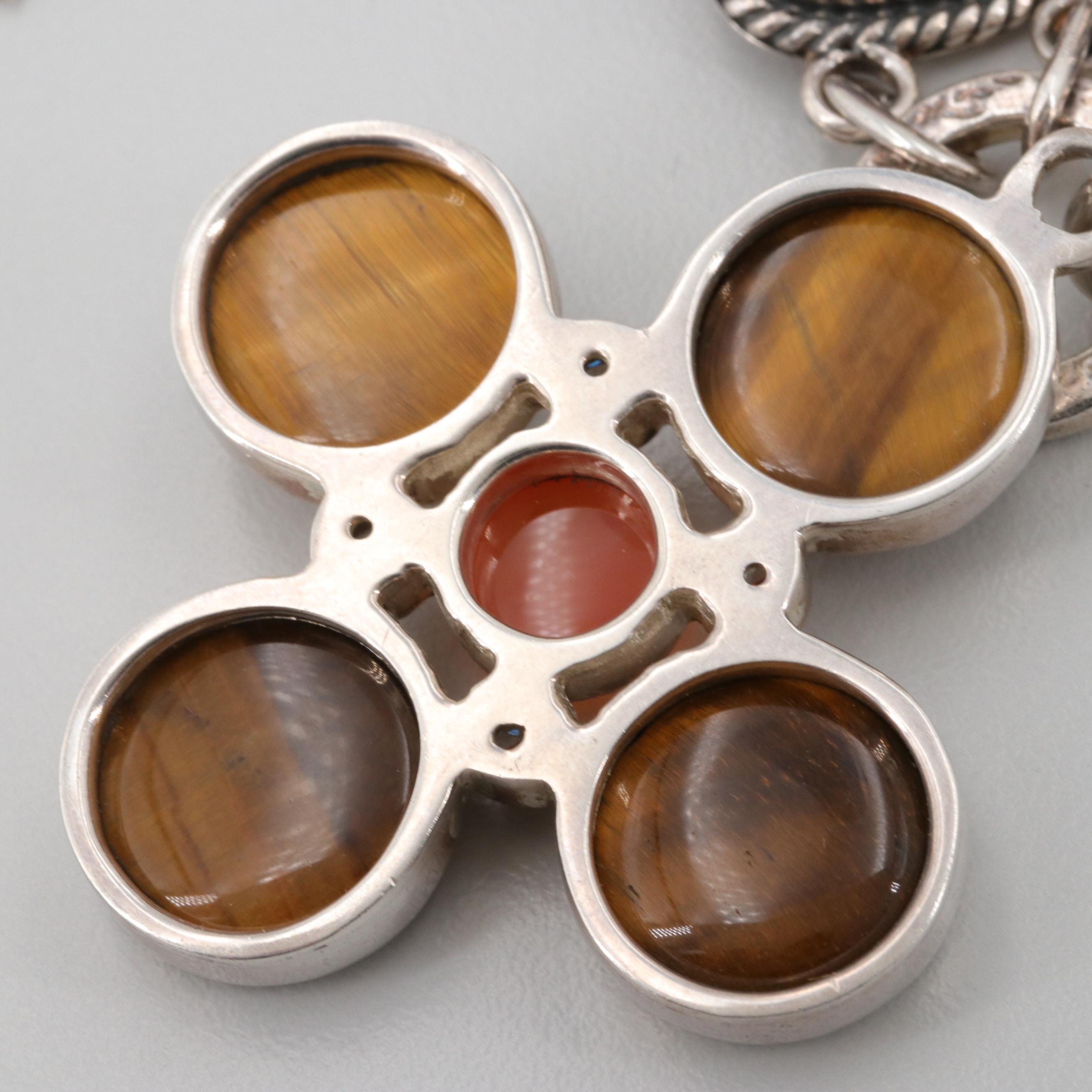 Barry Brinker 950 Silver Tiger's Eye and Oligoclase Sunstone Statement Necklace