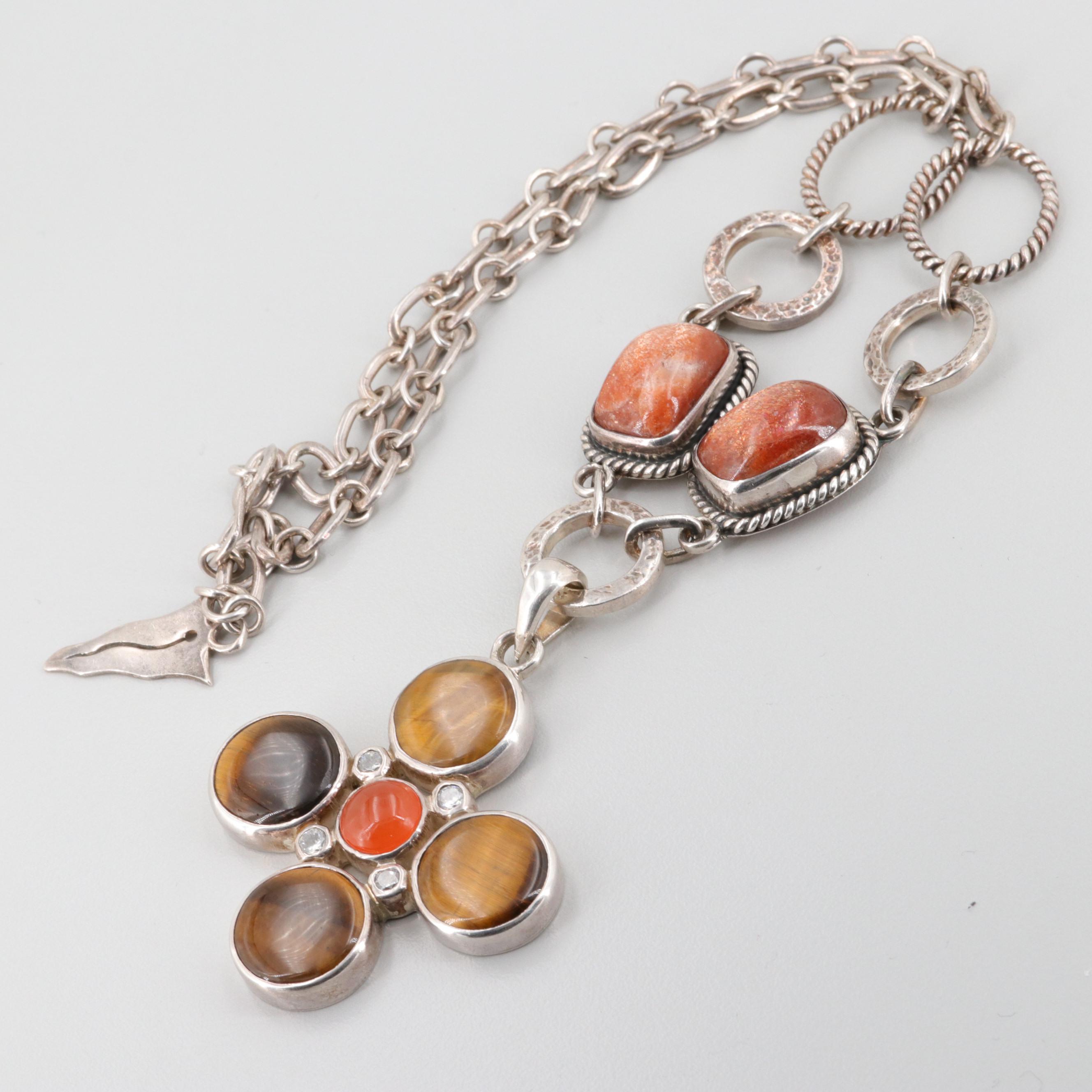 Barry Brinker 950 Silver Tiger's Eye and Oligoclase Sunstone Statement Necklace