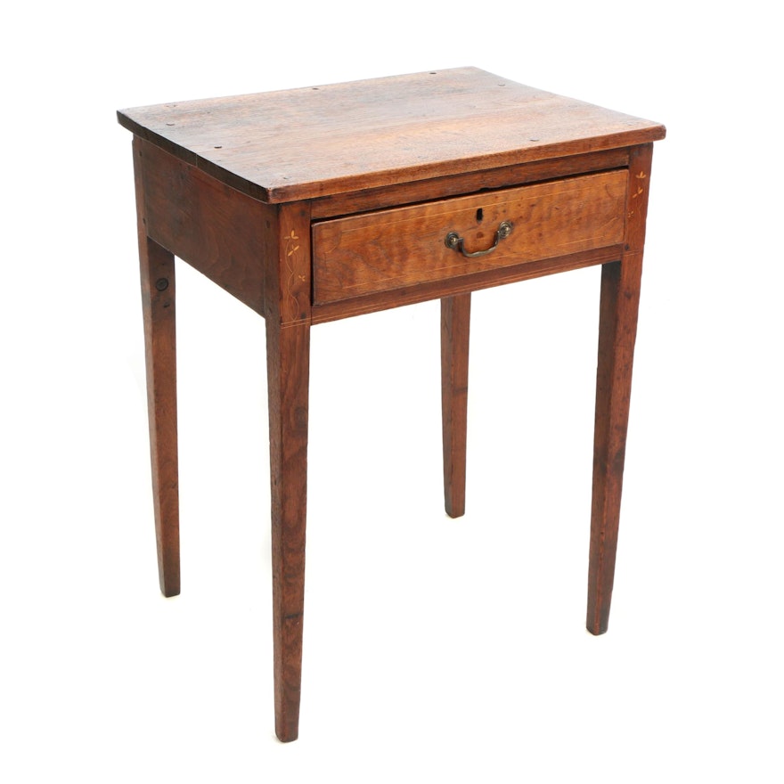 String-Inlaid Walnut and Marquetry One-Drawer Side Table, 19th Century