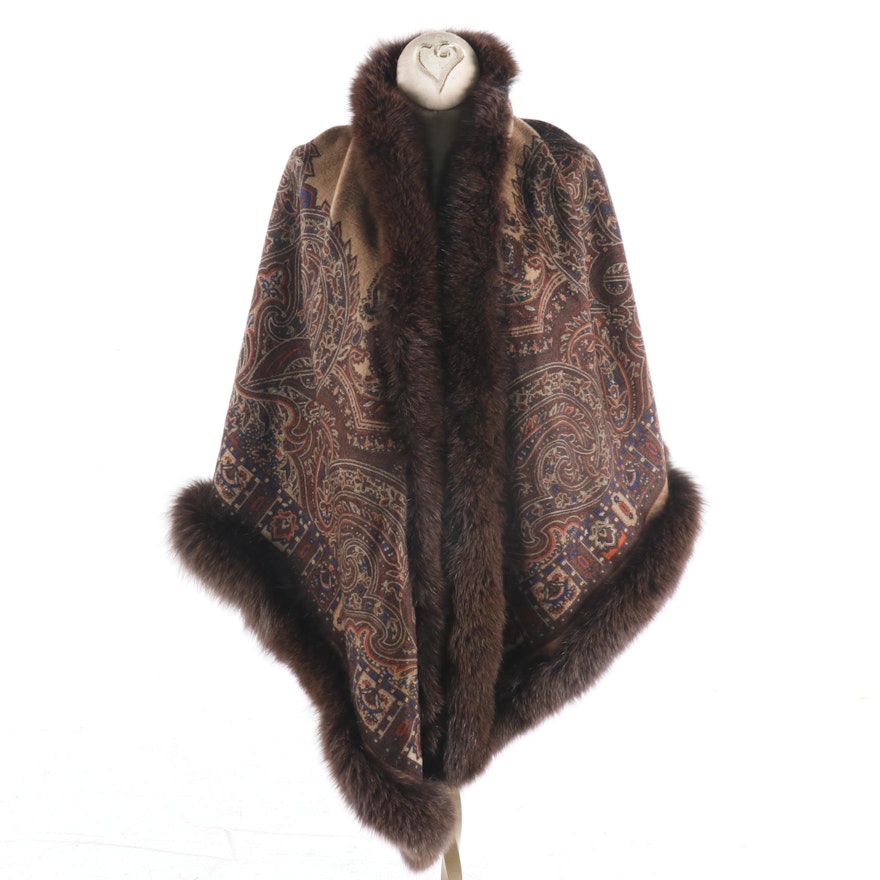 Colombo Pure Cashmere and Fox Fur Trim Shawl, Woven in Italy