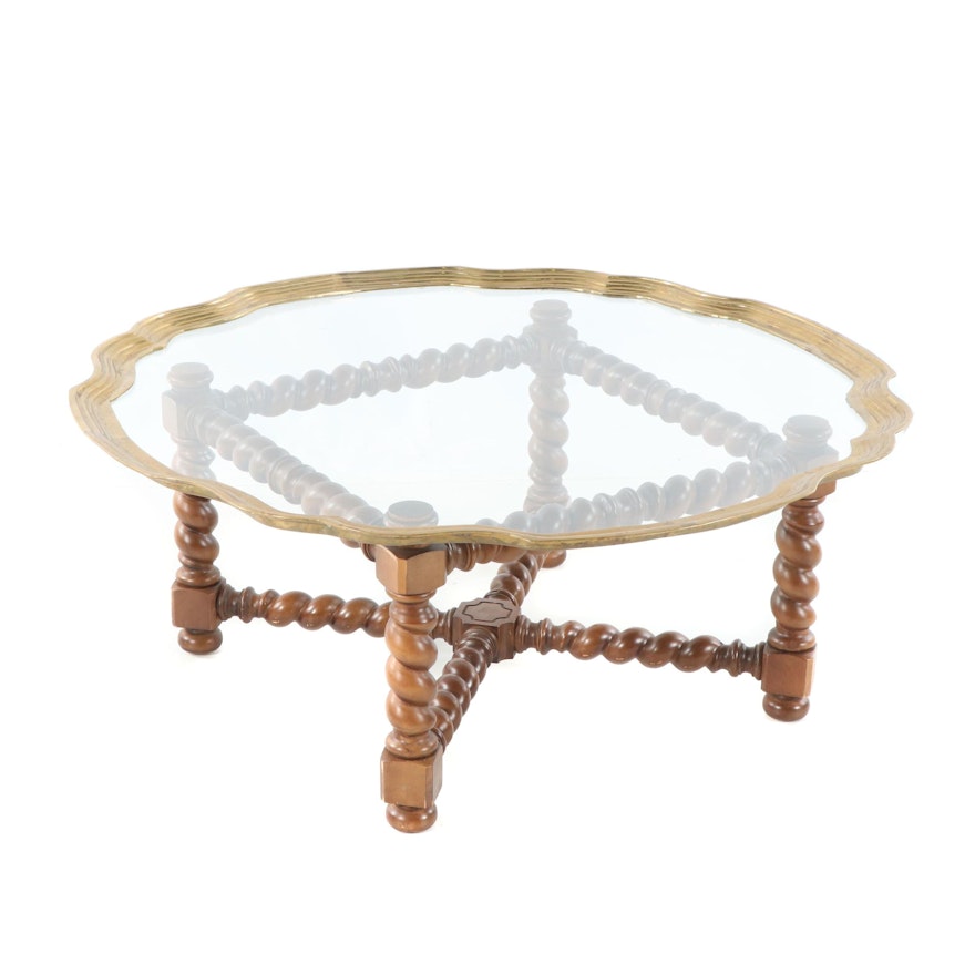 William & Mary Style Maple Cocktail Table with Brass Framed Glass Tray Top