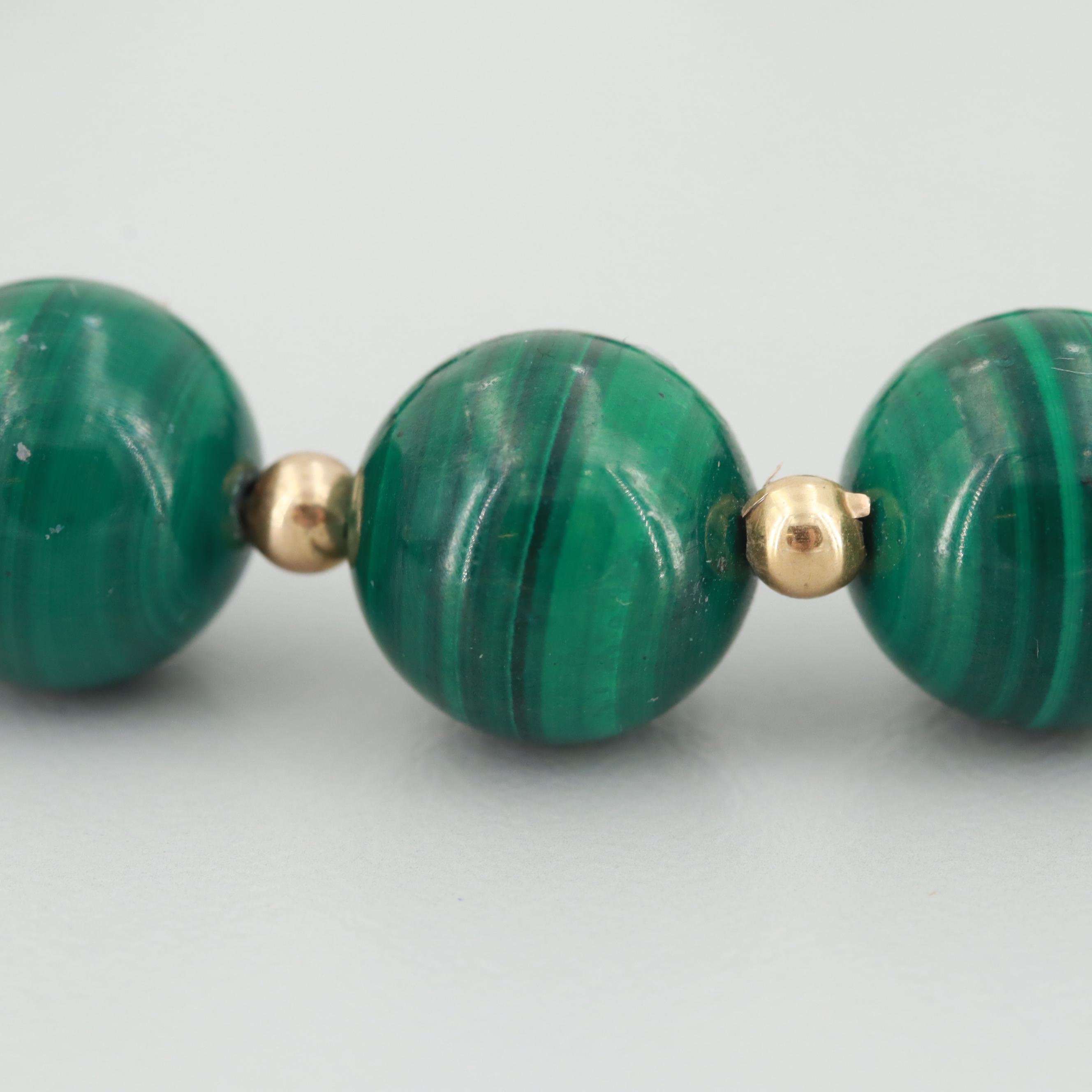 14K Yellow Gold Malachite Beaded Bracelet