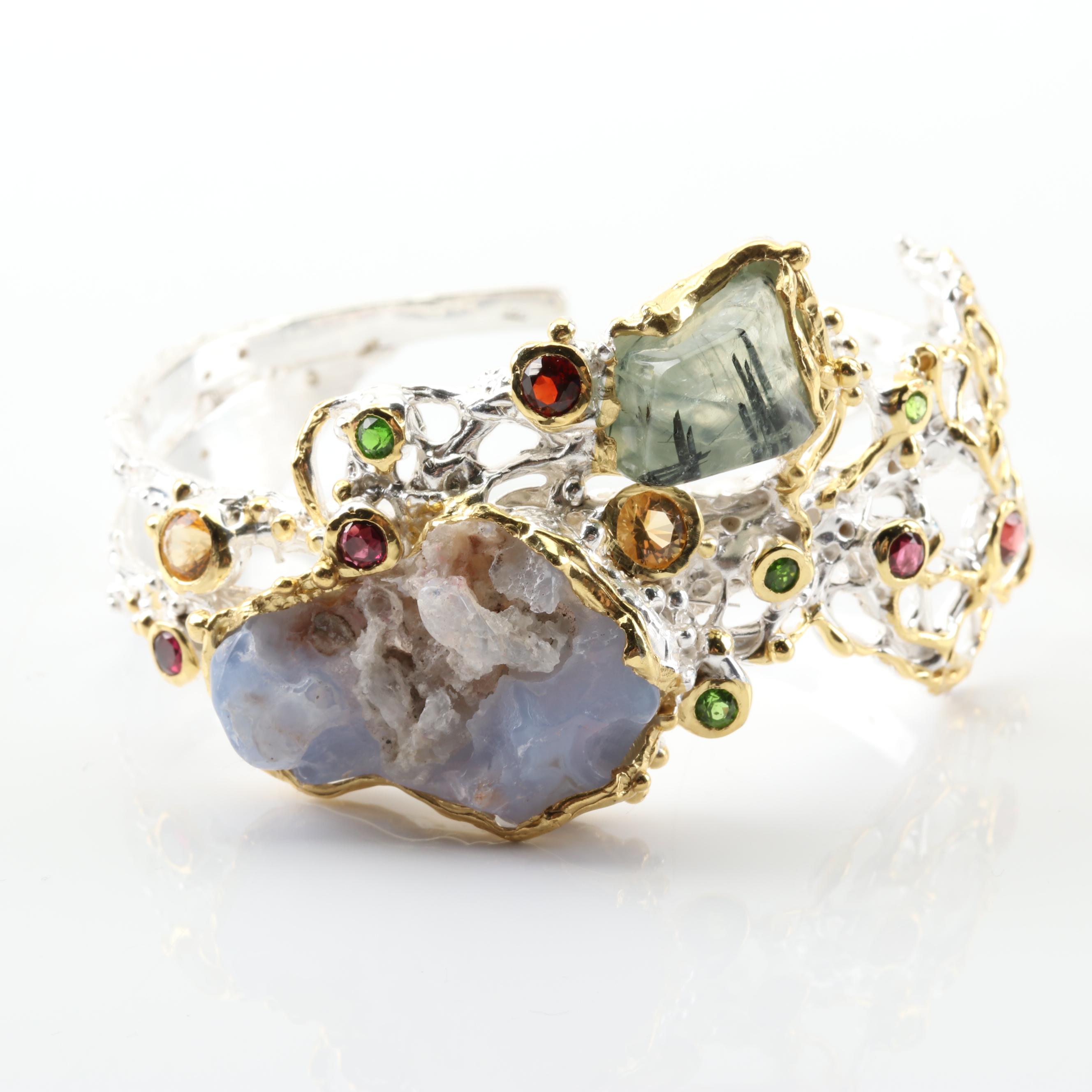 Sterling Silver Multi-Gemstone Cuff Bracelet
