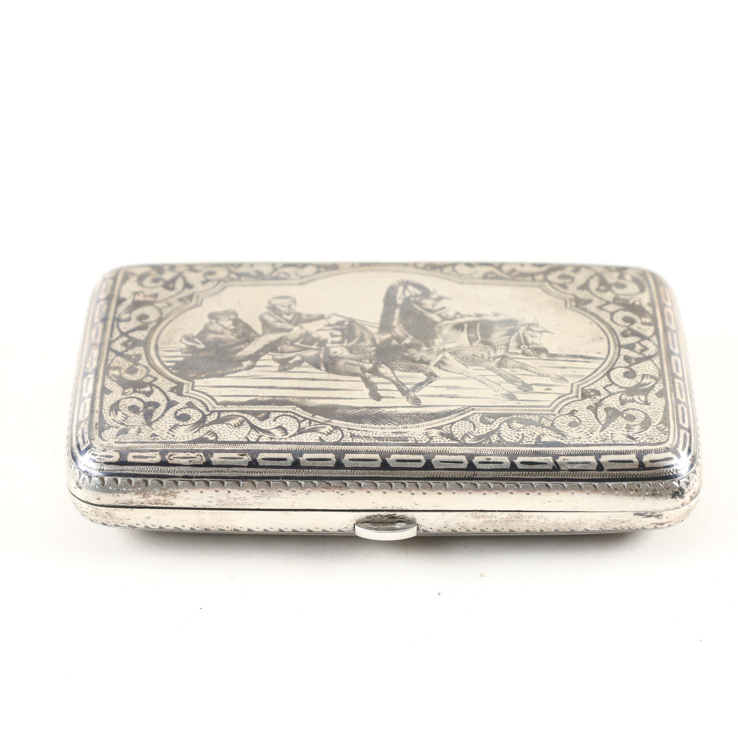 Russian Niello 875 Silver Troika Cigarette Case, 1898-1908