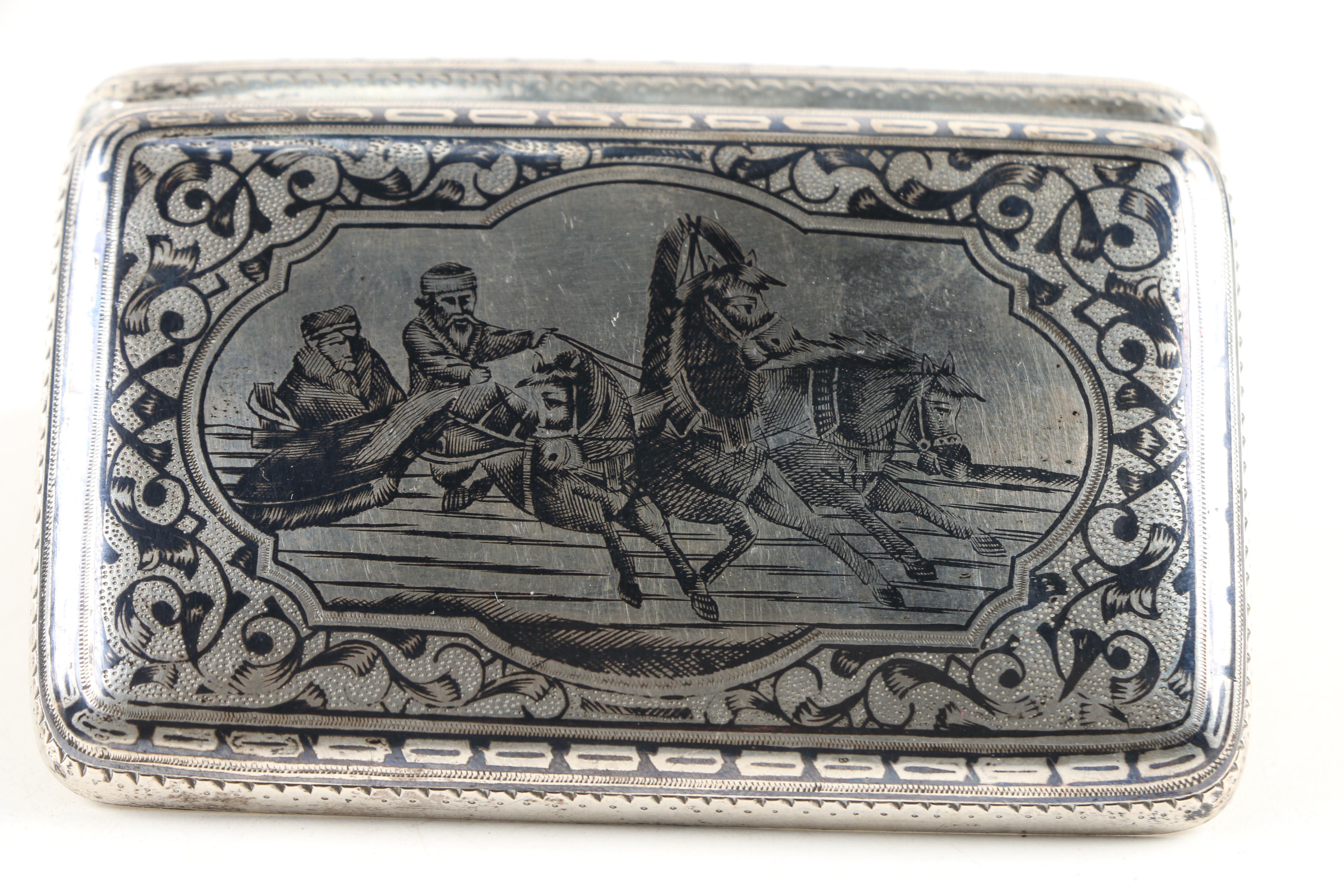 Russian Niello 875 Silver Troika Cigarette Case, 1898-1908