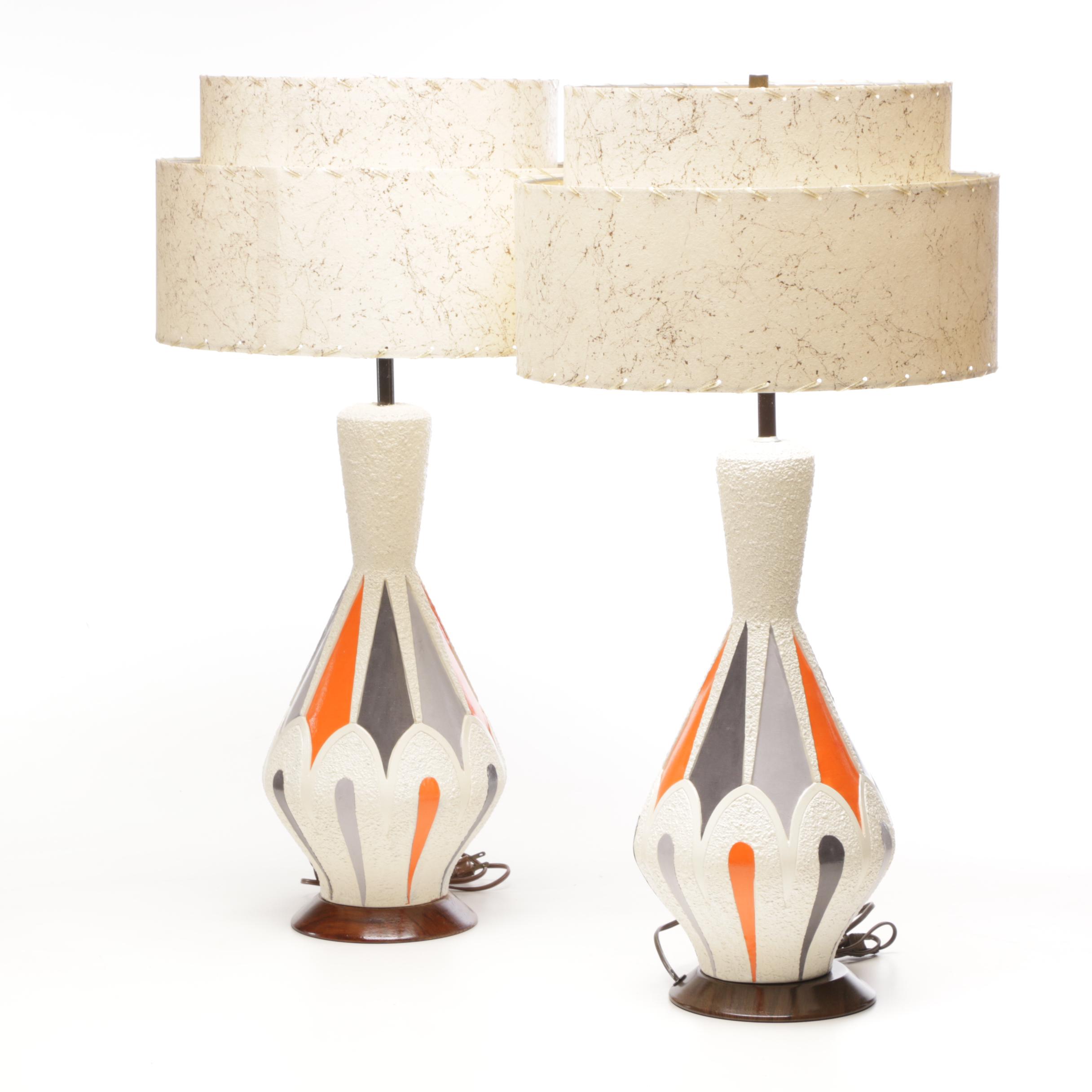 Mid Century Modern Table Lamps with Fiberglass Tiered Shades