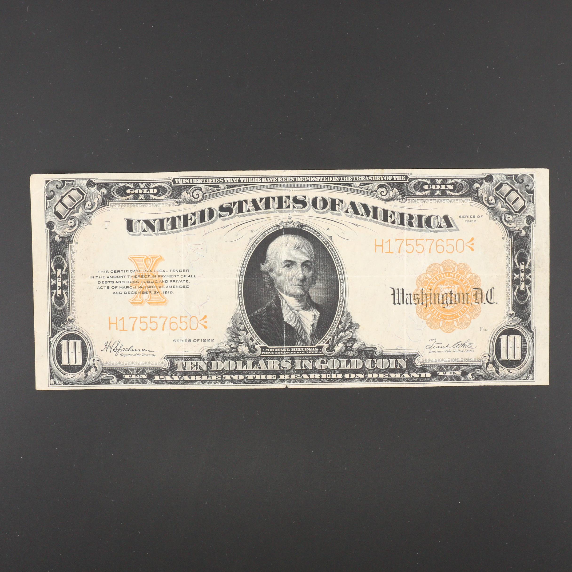1922 $10 United States Gold Certificate