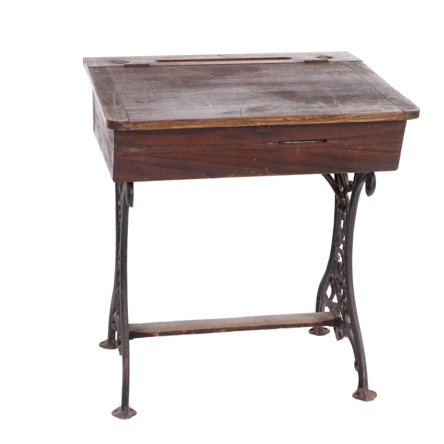 Oak and Cast Iron School Desk, Late 19th Century