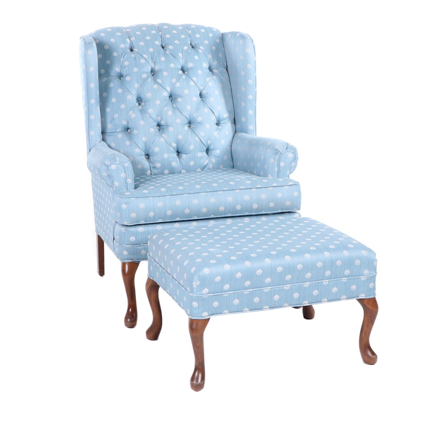 Queen Anne Style Upholstered Wingback Chair and Ottoman