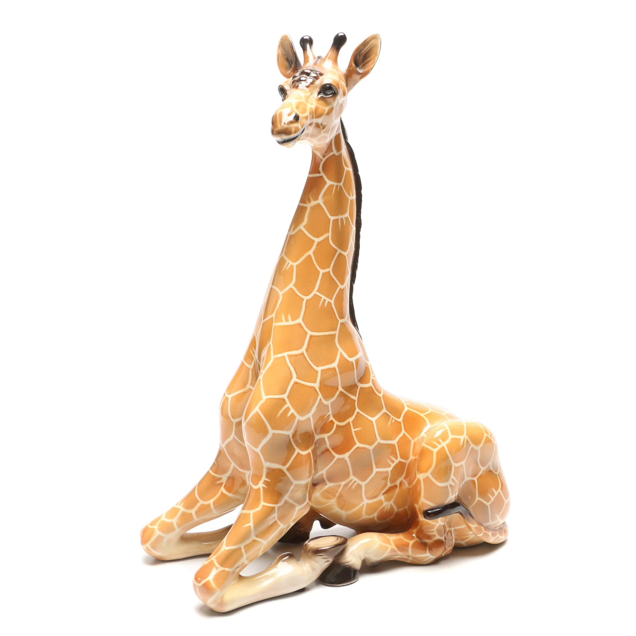 Italian Ronzan Ceramic Hand-Painted Giraffe Signed by the Artist