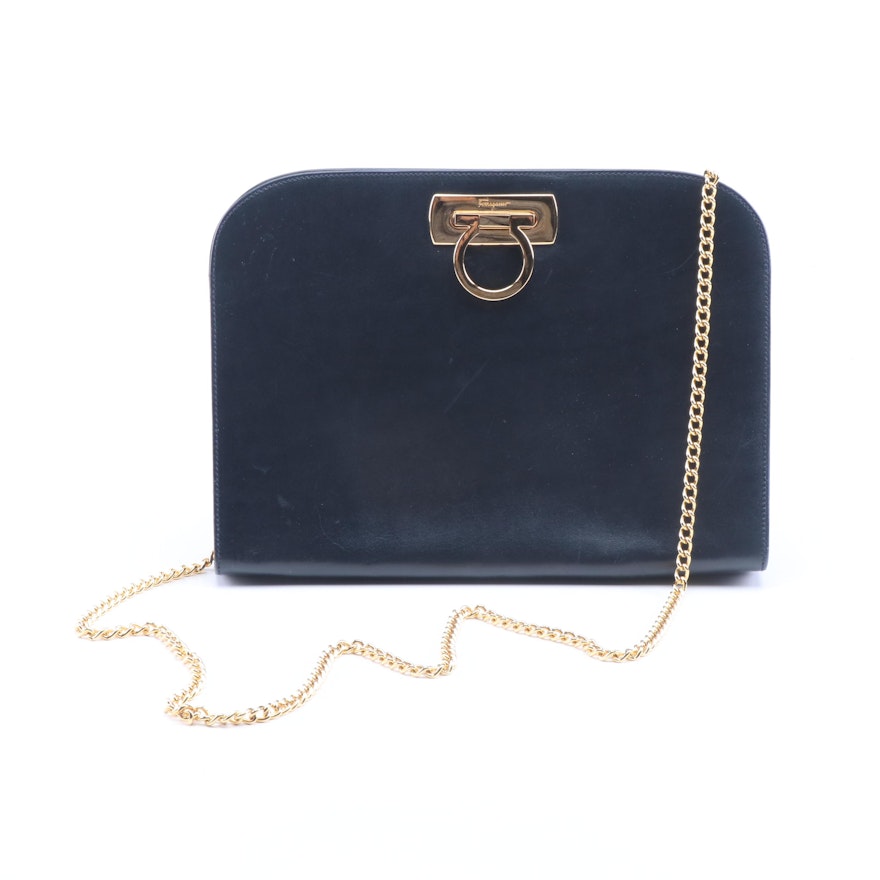 Salvatore Ferragamo Navy Calfskin Gancini Shoulder Bag with Chain Strap