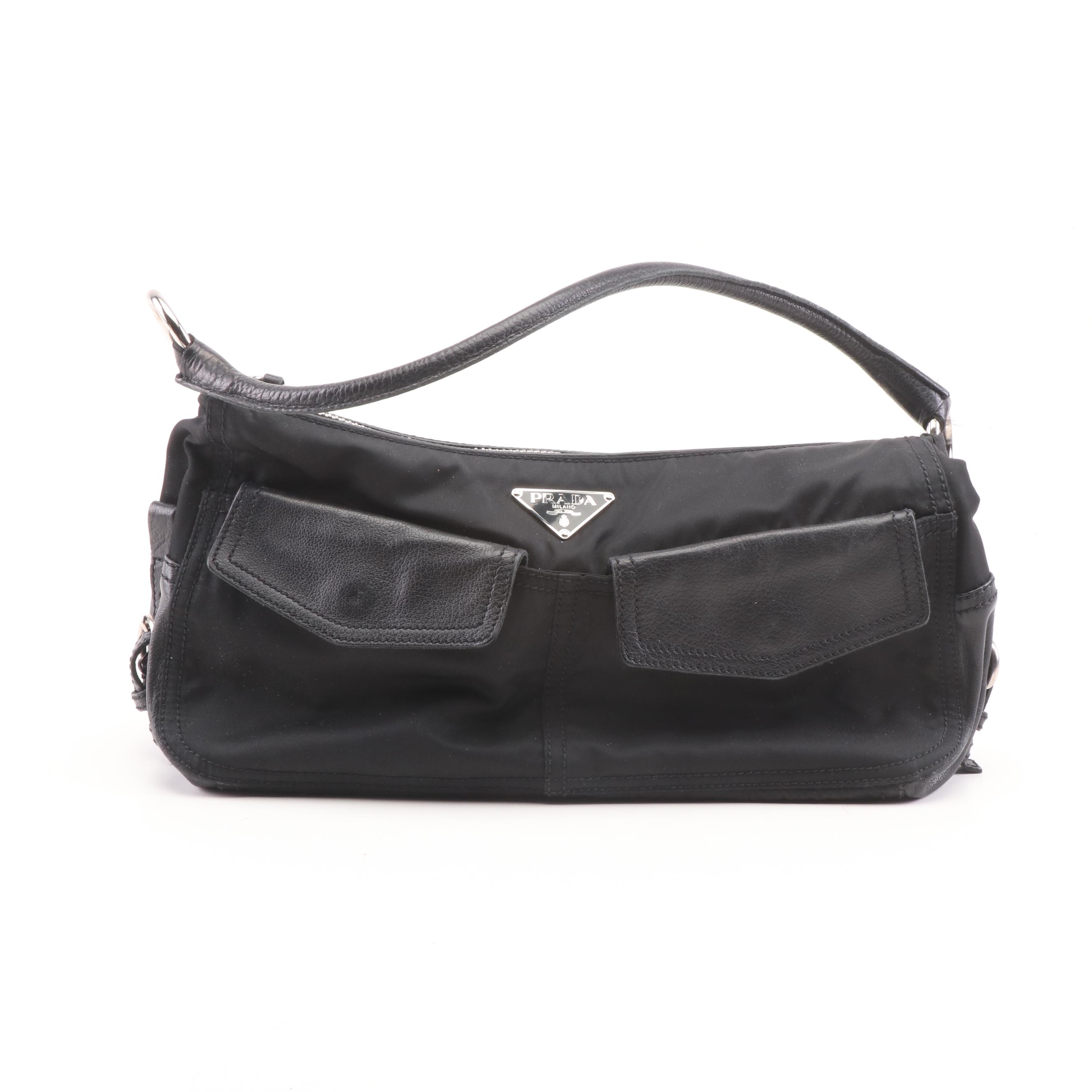 Prada Black Nylon and Leather Baguette Shoulder Bag