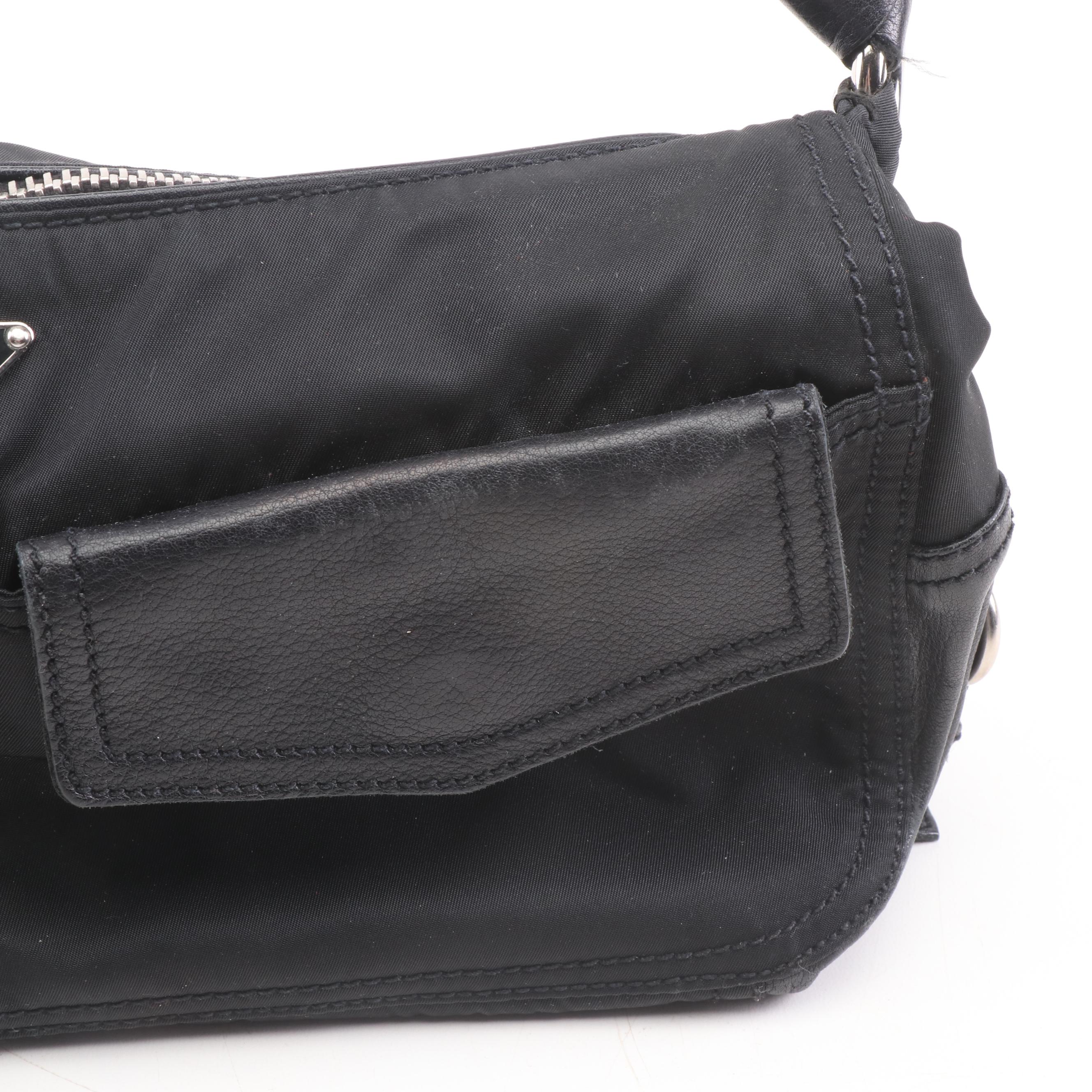 Prada Black Nylon and Leather Baguette Shoulder Bag