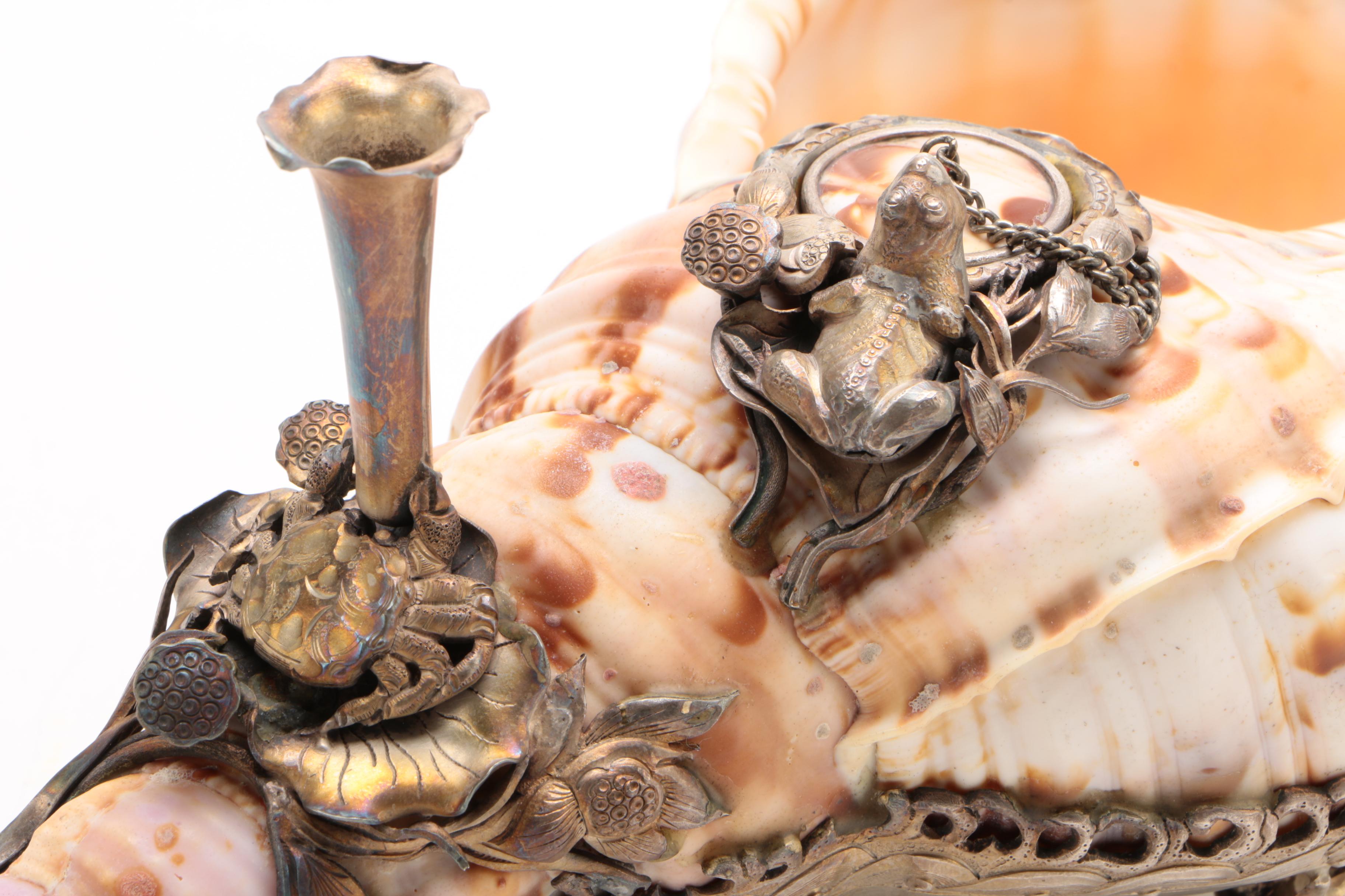 Conch Shell Inkwell with Silver Animal Motif Mount, Late Victorian