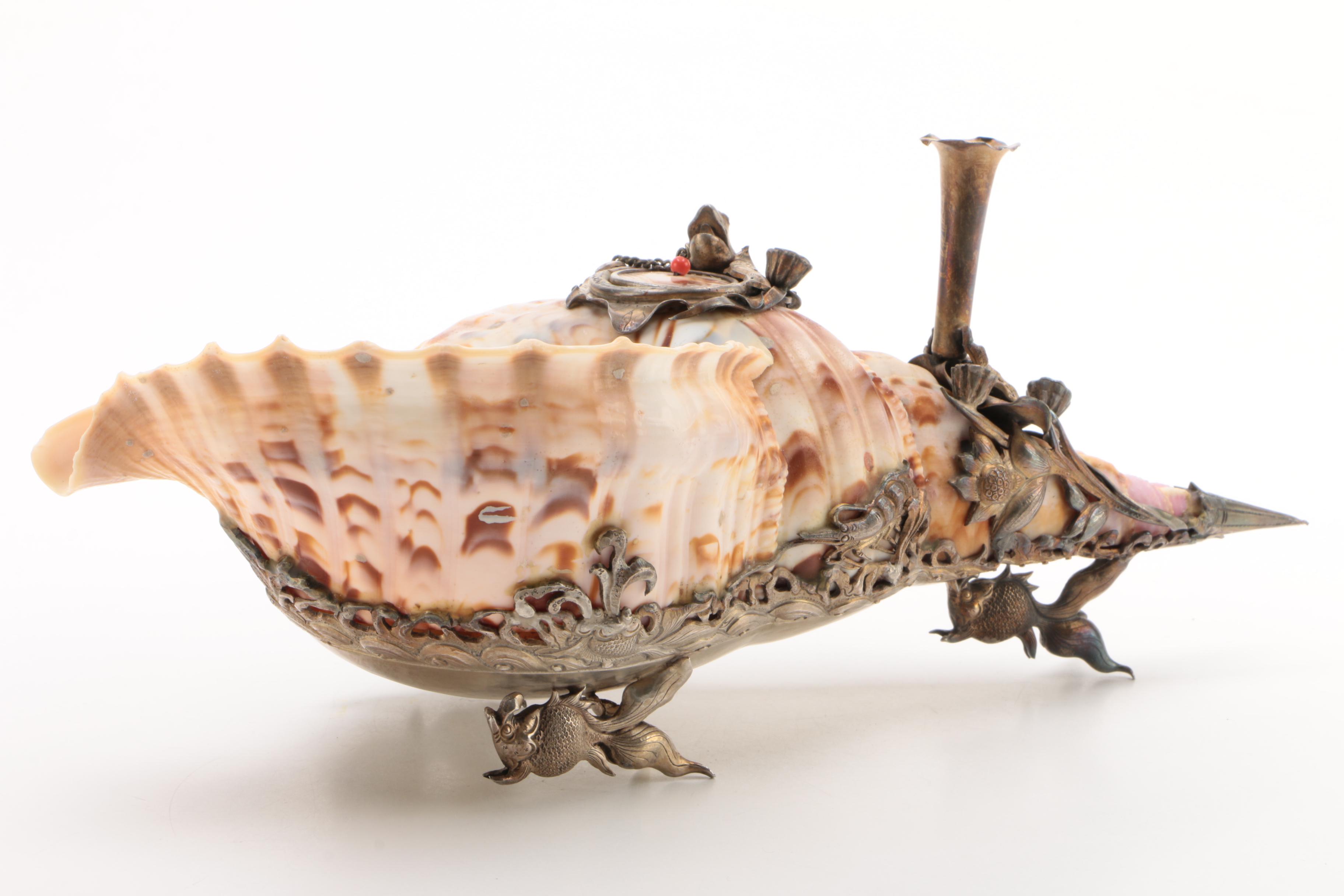 Conch Shell Inkwell with Silver Animal Motif Mount, Late Victorian
