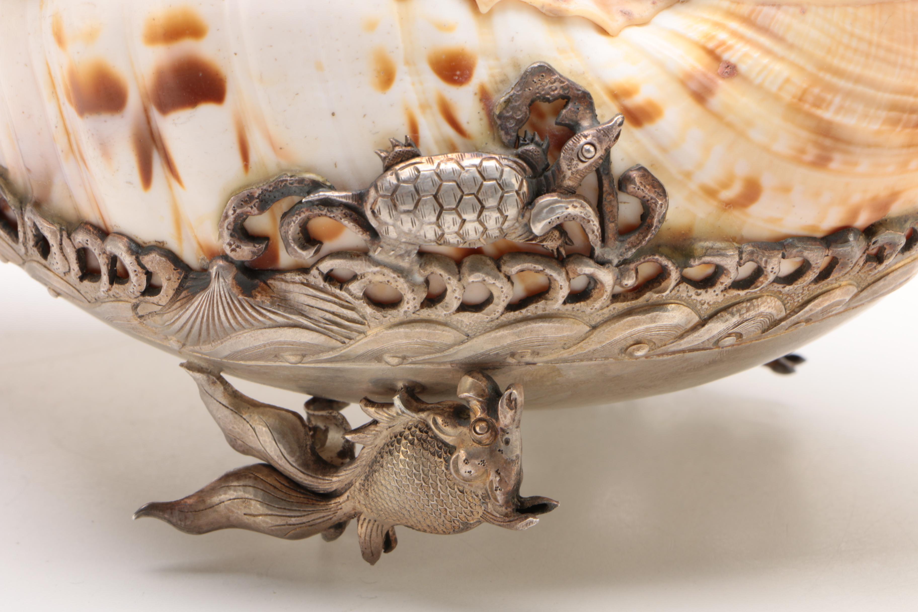 Conch Shell Inkwell with Silver Animal Motif Mount, Late Victorian