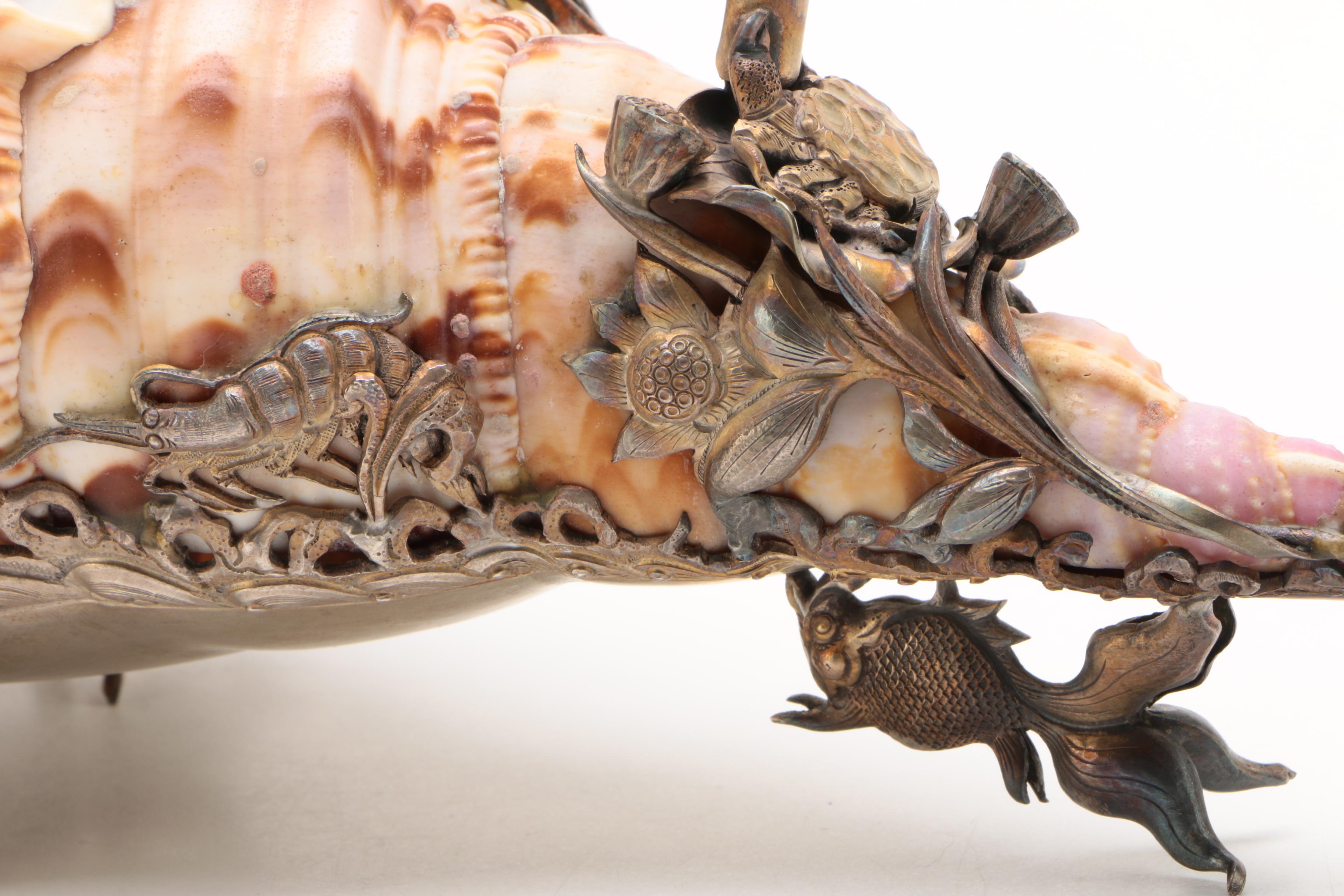 Conch Shell Inkwell with Silver Animal Motif Mount, Late Victorian