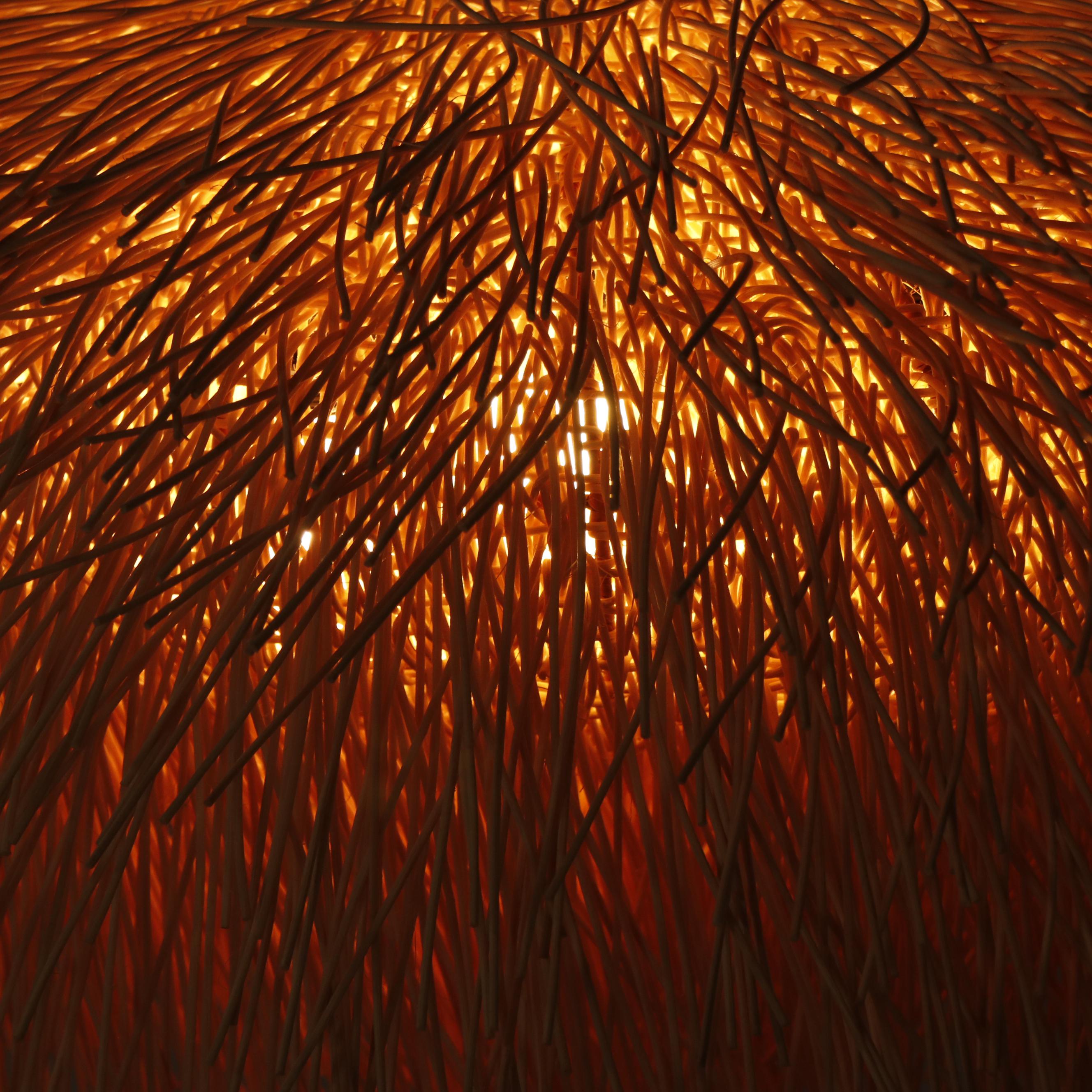 Woven Wood Sea Urchin Style Light Fixture Attributed to Coup Studio