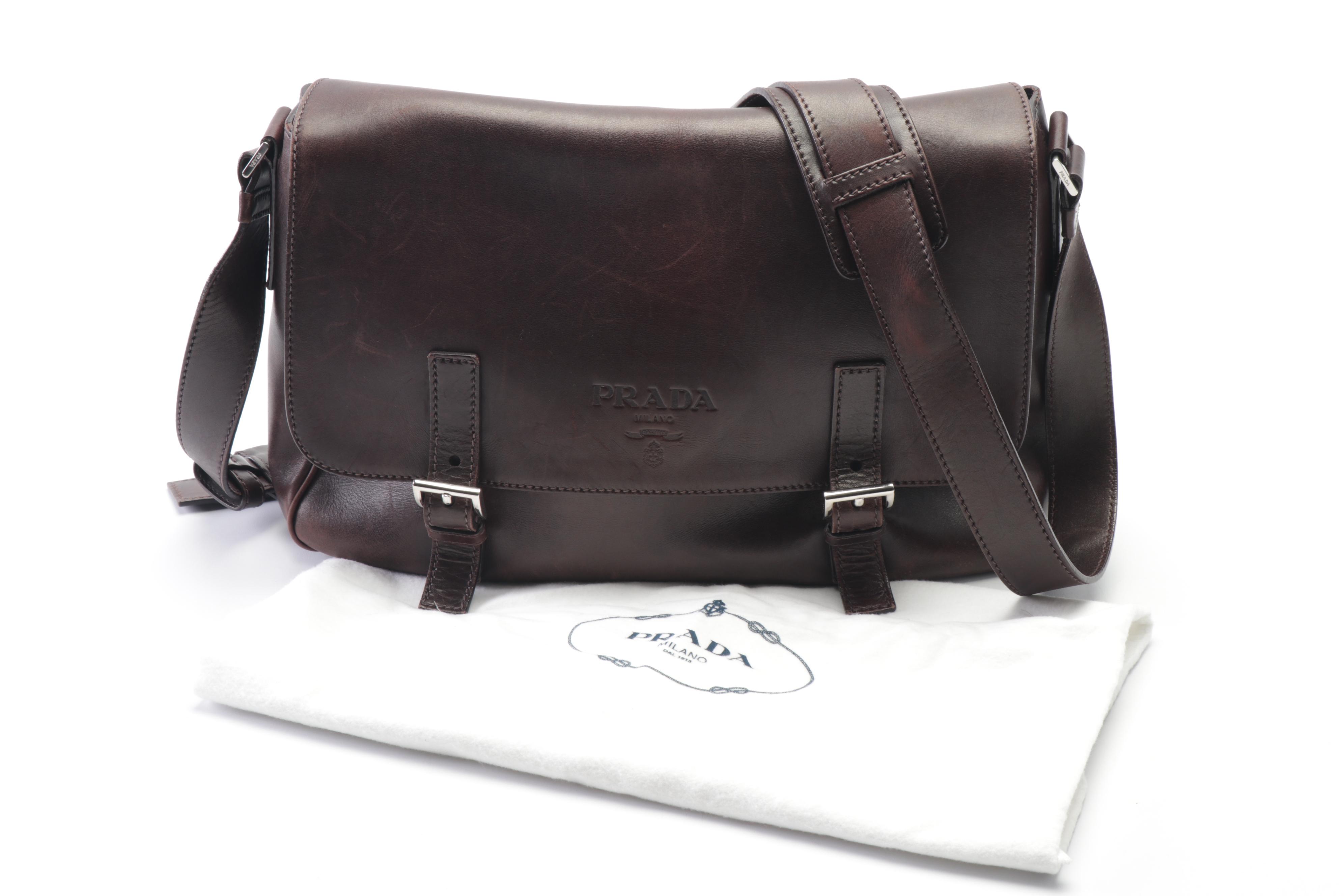 Prada Brown Leather Flap Front Crossbody Bag, Made in Italy