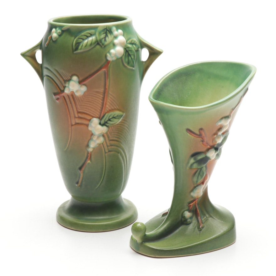 Roseville Pottery "Snowberry" Green Vase and Cornucopia Vase, 1940s