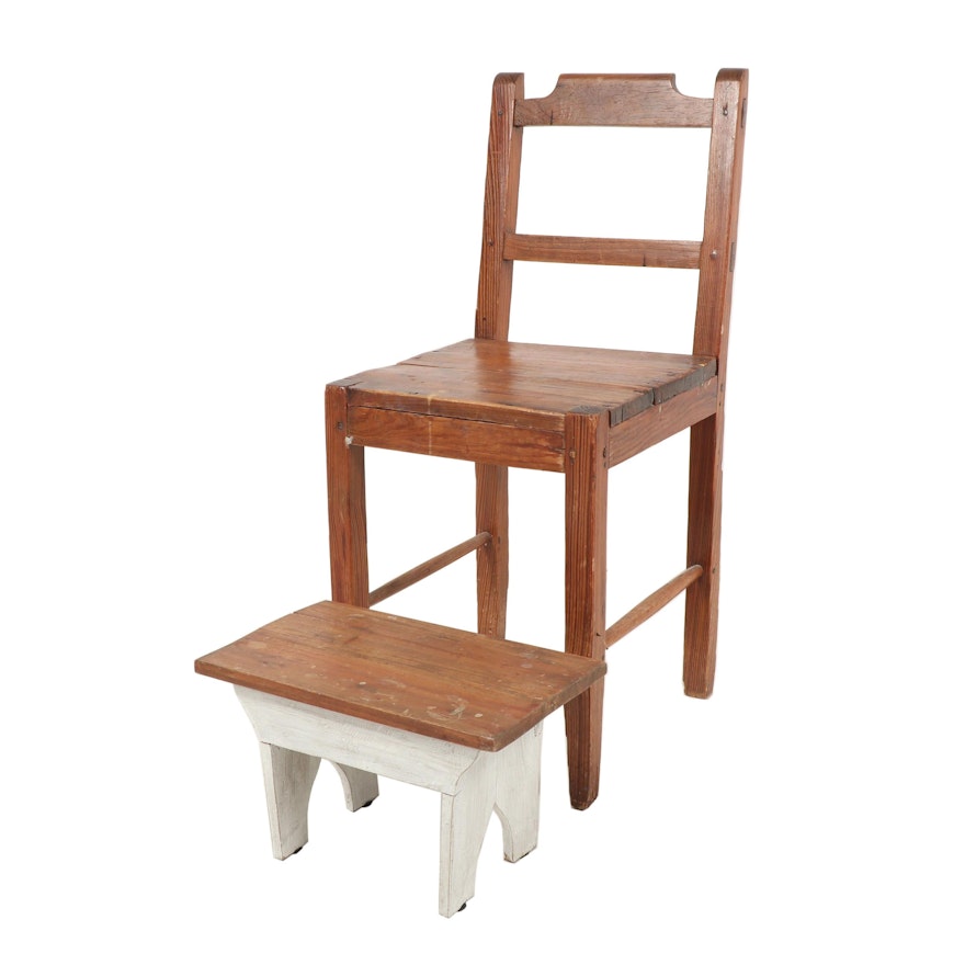 Primitive Ladderback Chair with Footstool, 19th Century