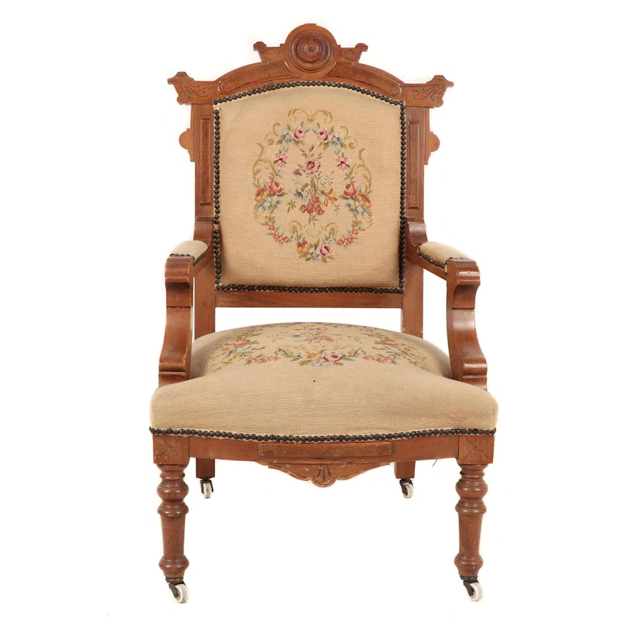 Victorian Eastlake Carved Walnut Armchair with Needlepoint Upholstery, 19th c.