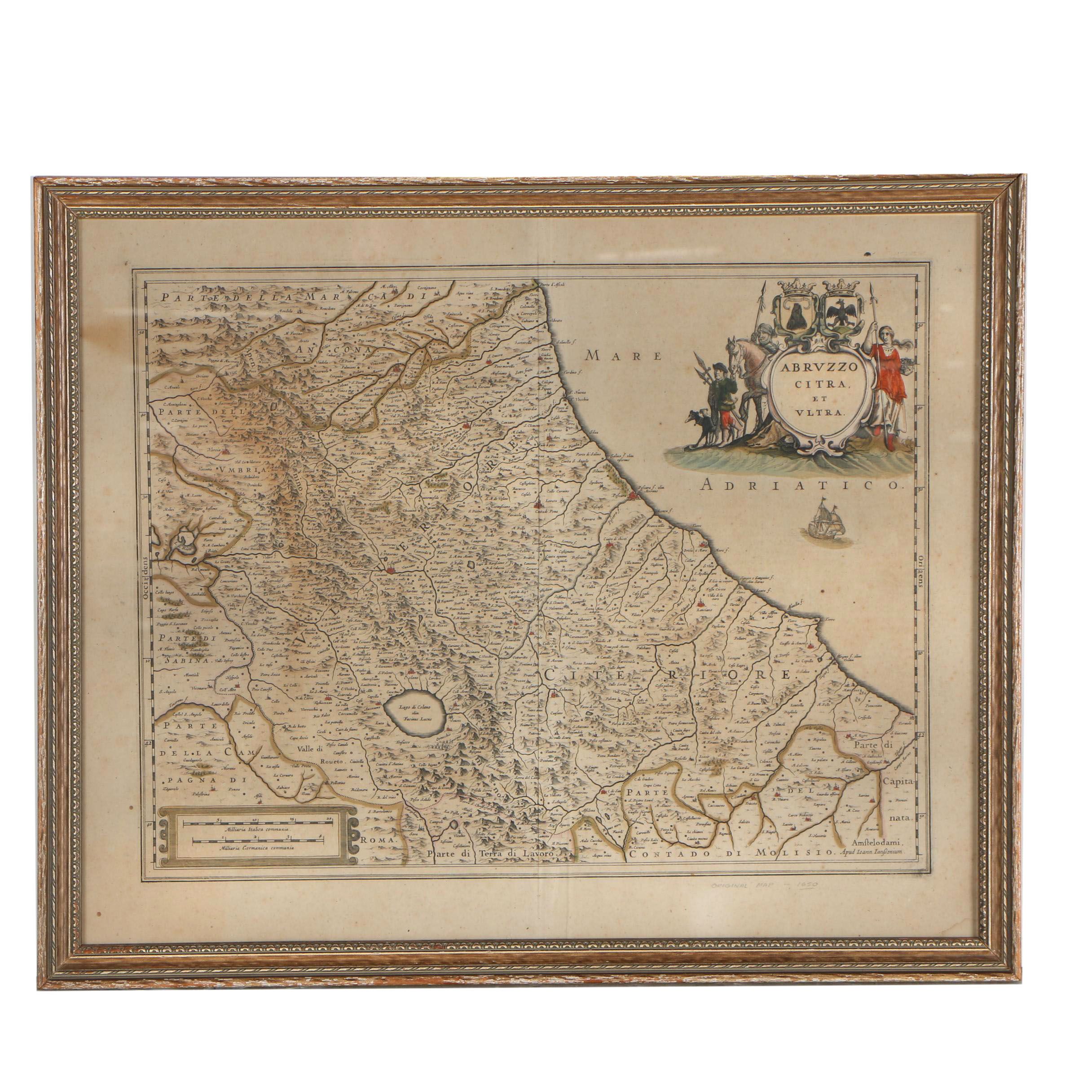Jan Janssonius Engraved Map with Text  "Abruzzo Citra, et Ultra", circa 1650