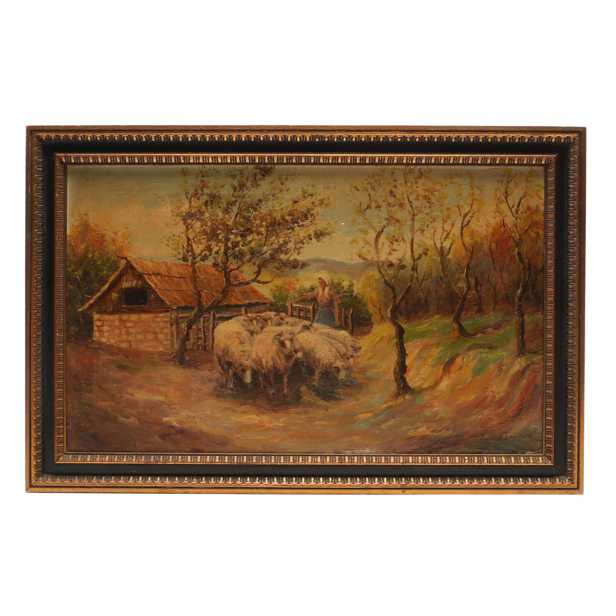 20th Century Pastoral Genre Scene Oil Painting