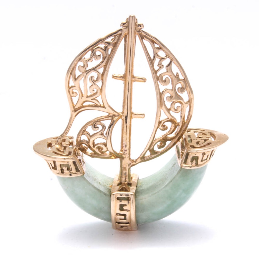 14K Yellow Gold Green Quartz Ship Pendant