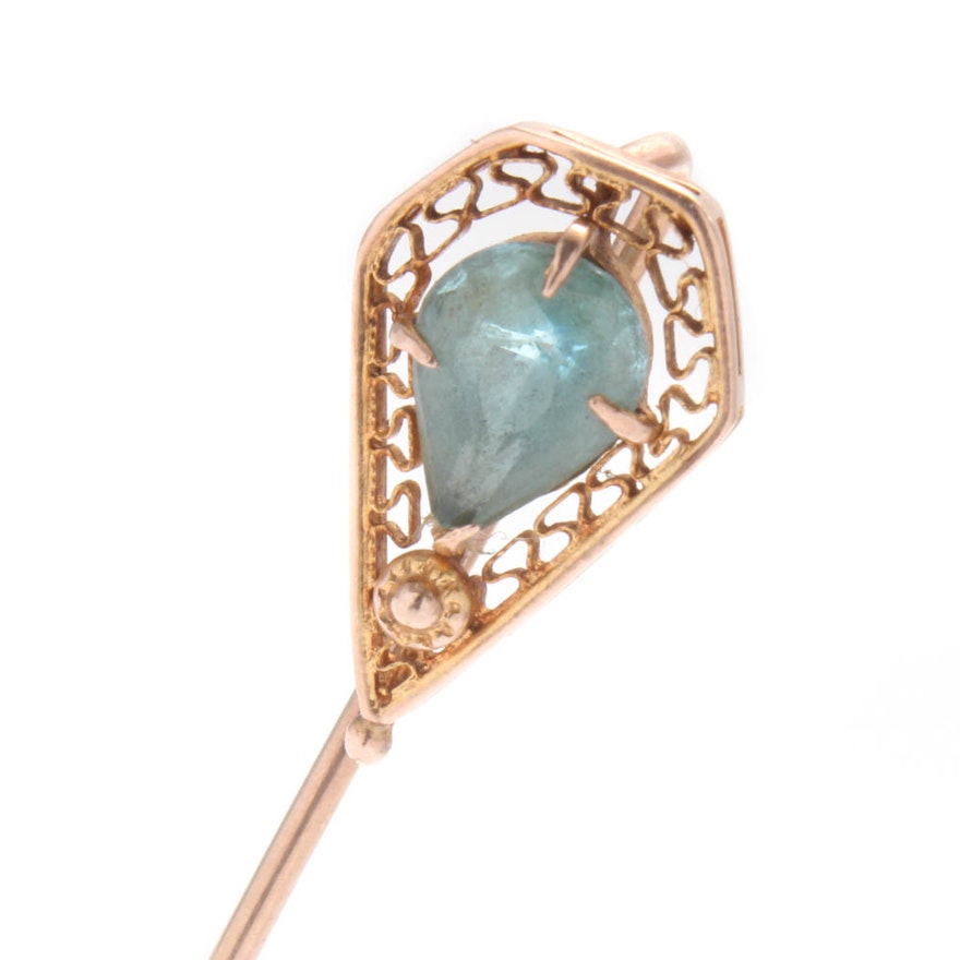 14K Yellow Gold Blue Topaz Stick Pin